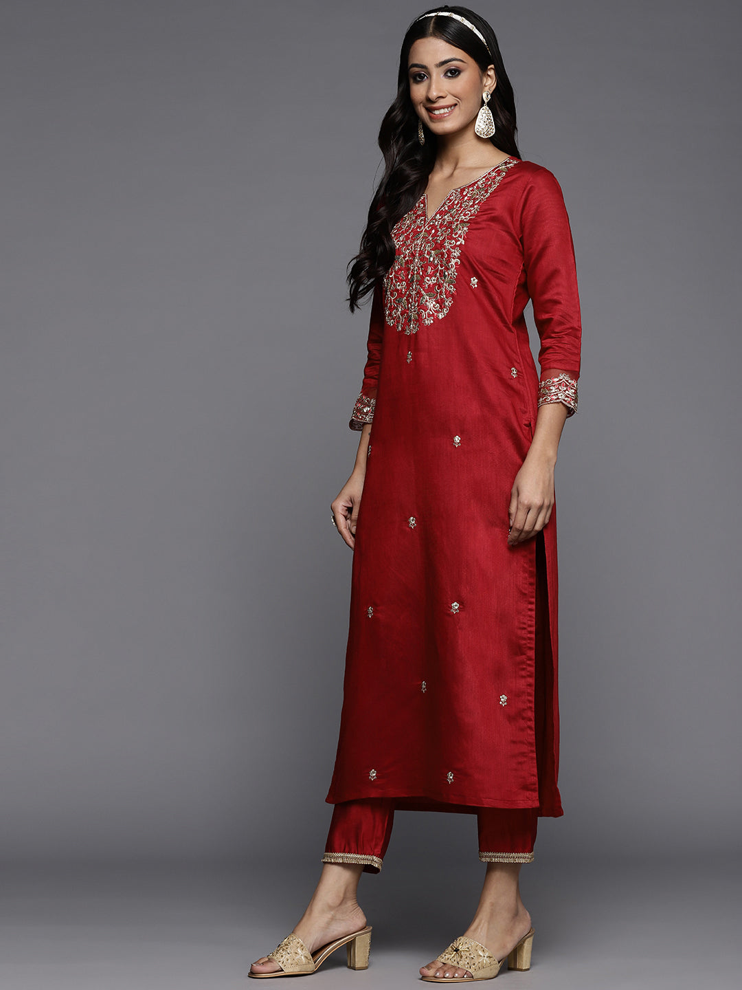 IE Red Embroidered Straight Kurta Palazzos With Dupatta Set