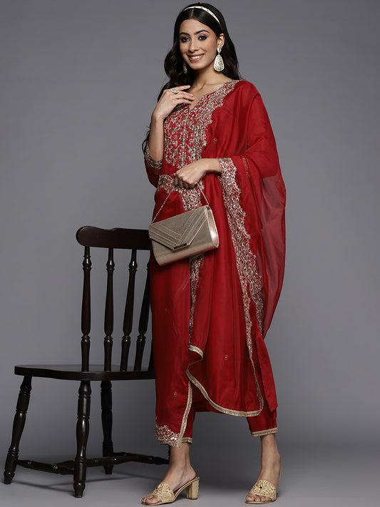 IE Red Embroidered Straight Kurta Palazzos With Dupatta Set