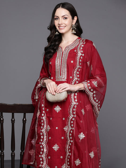 IE Red Embroidered Straight Kurta Trousers With Dupatta Set