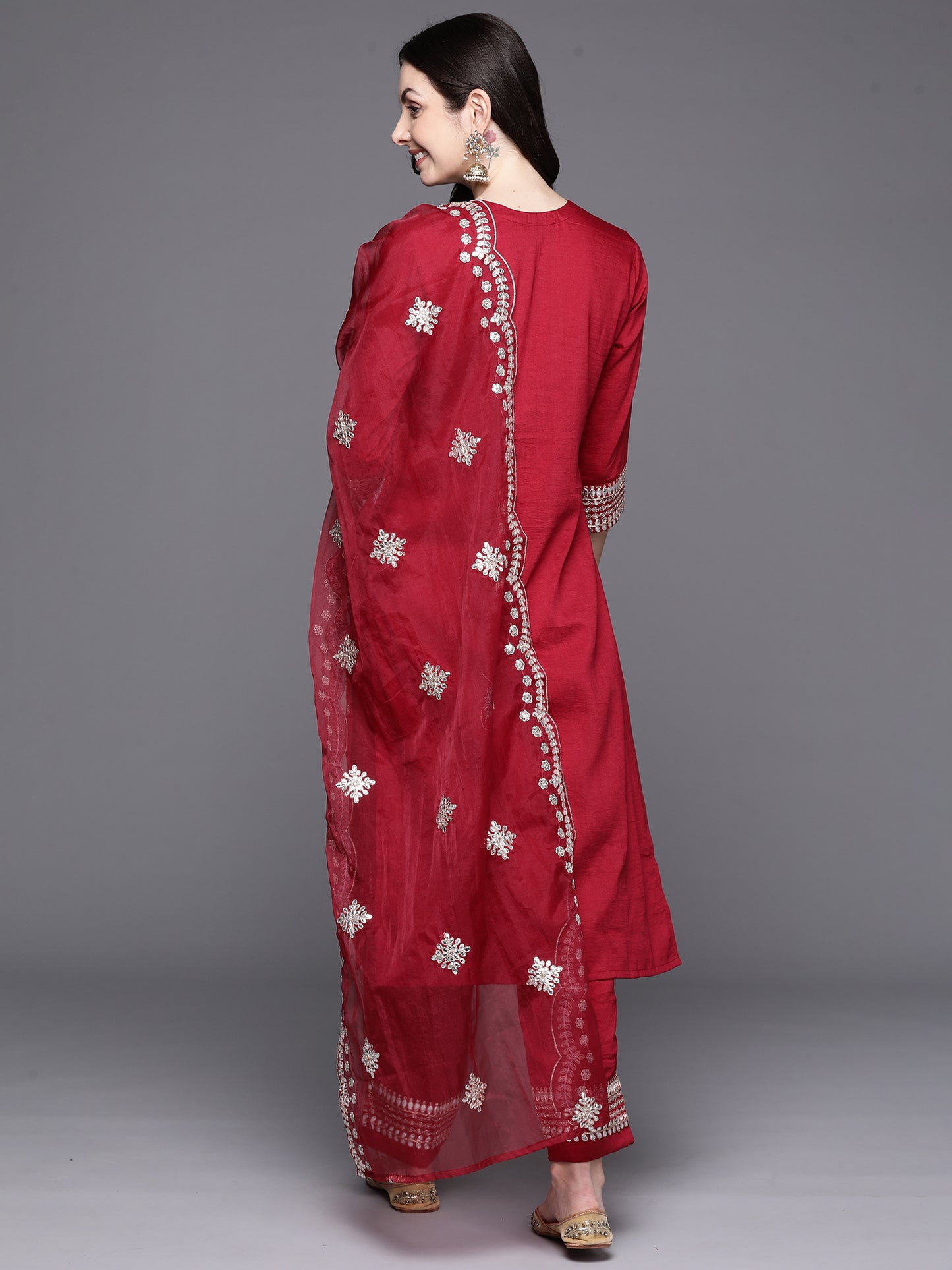 IE Red Embroidered Straight Kurta Trousers With Dupatta Set