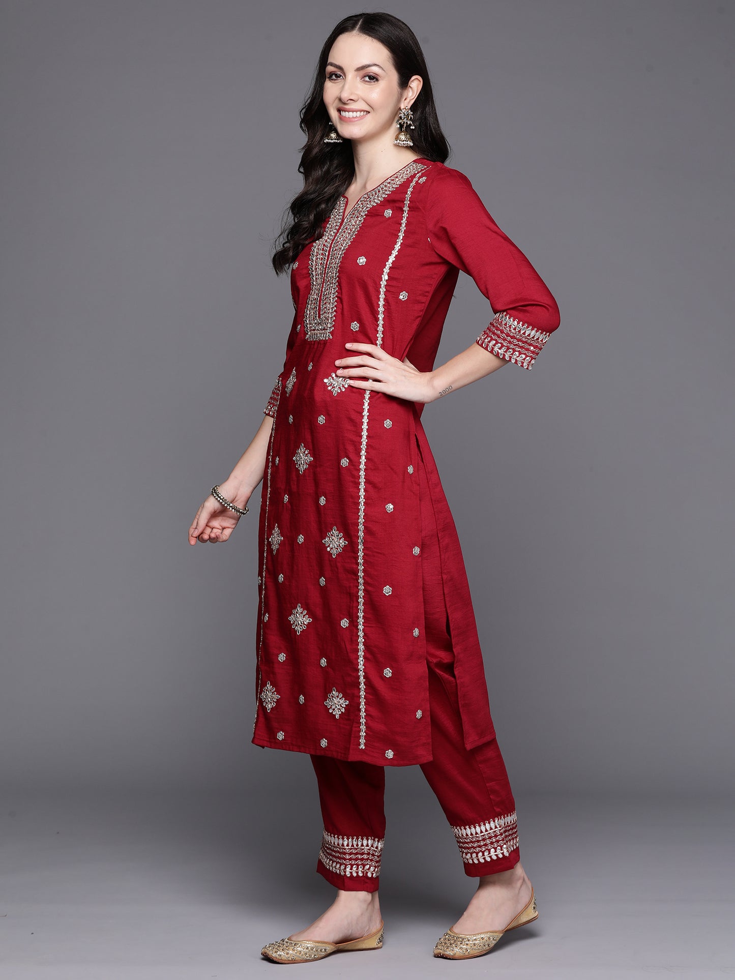 IE Red Embroidered Straight Kurta Trousers With Dupatta Set