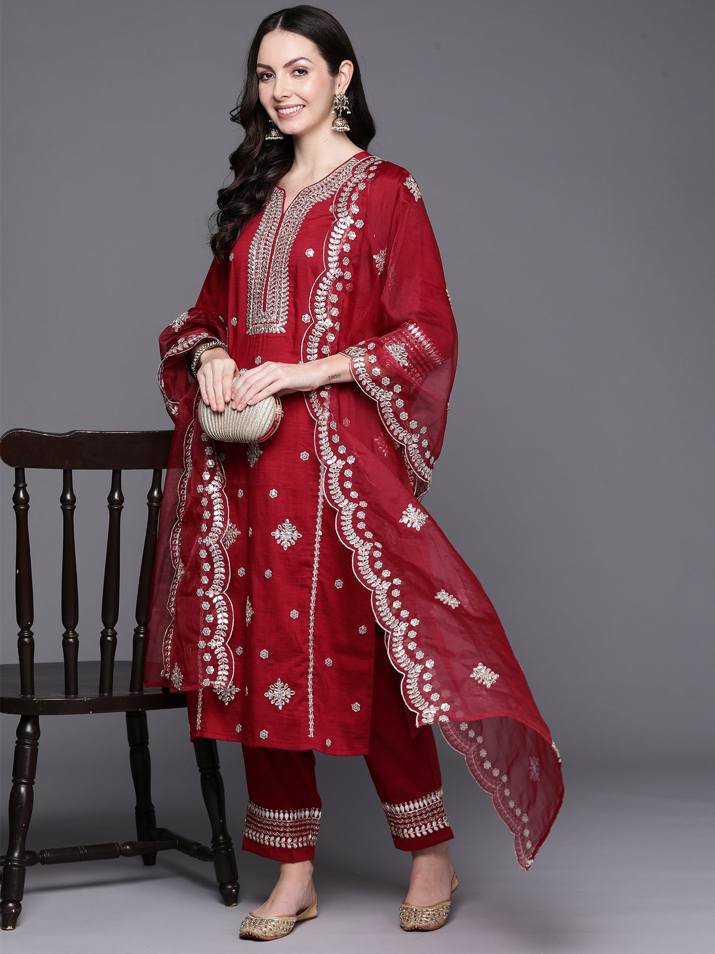 IE Red Embroidered Straight Kurta Trousers With Dupatta Set