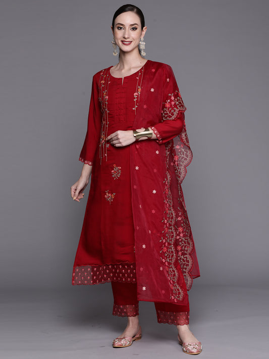 IE Red Embroidered Straight Kurta Trousers With Dupatta Set