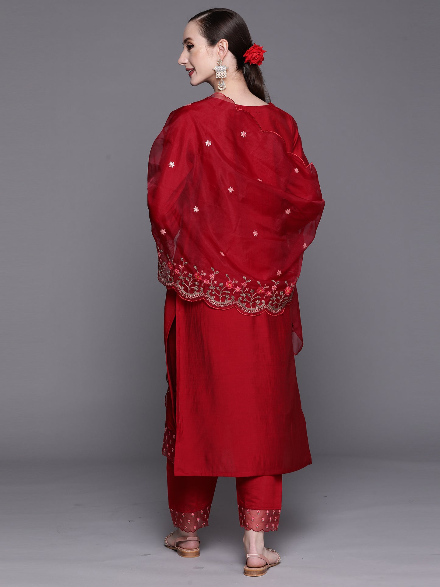 IE Red Embroidered Straight Kurta Trousers With Dupatta Set