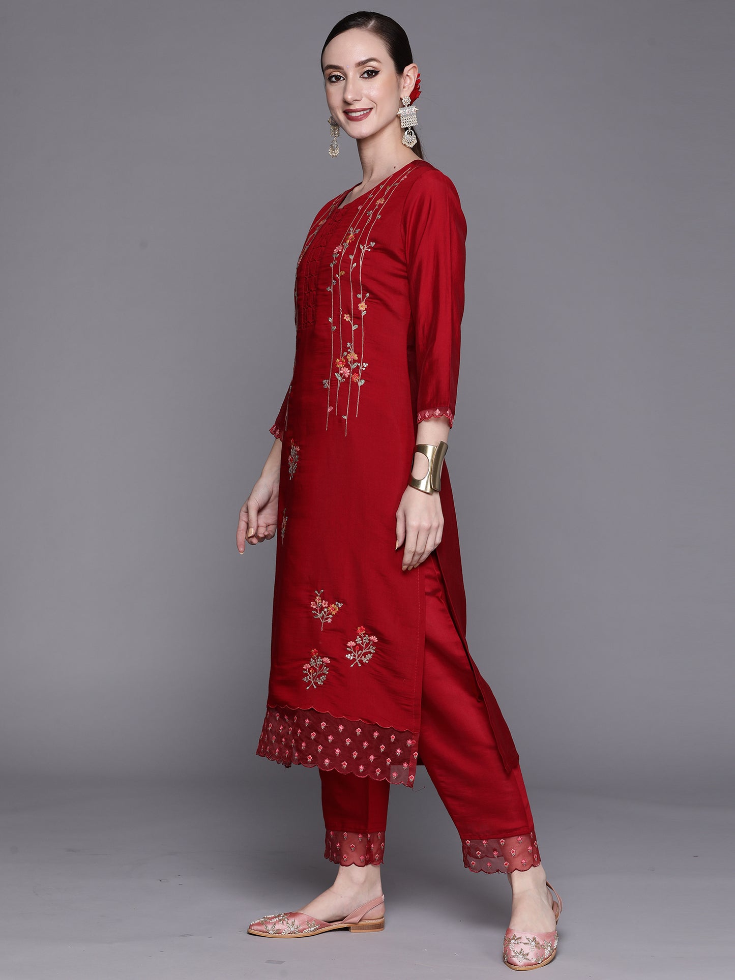 IE Red Embroidered Straight Kurta Trousers With Dupatta Set