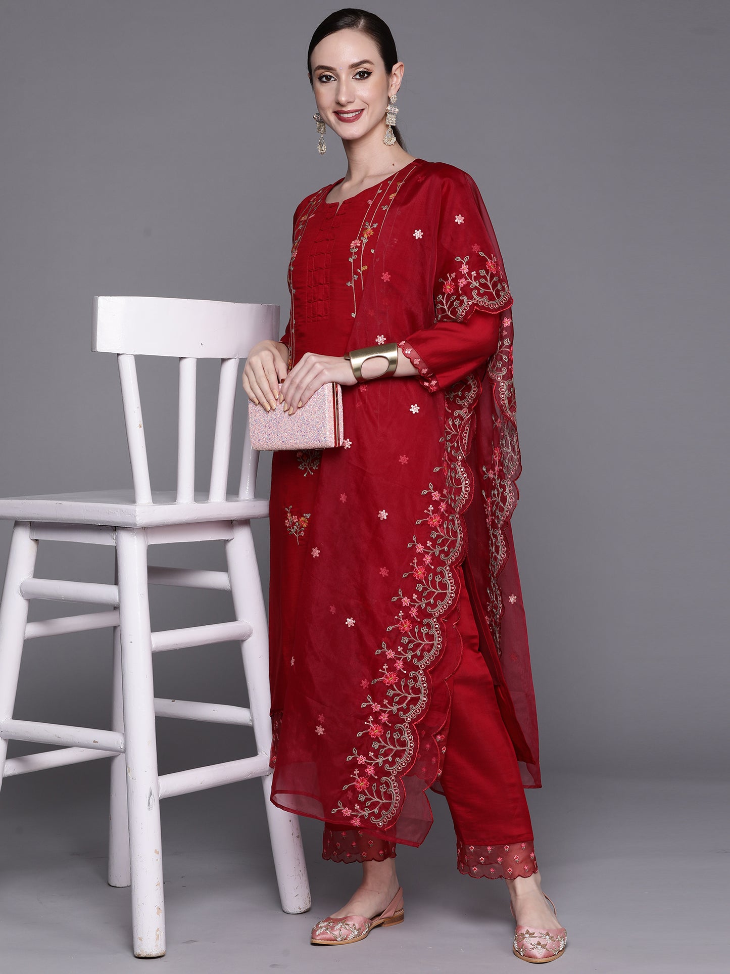 IE Red Embroidered Straight Kurta Trousers With Dupatta Set