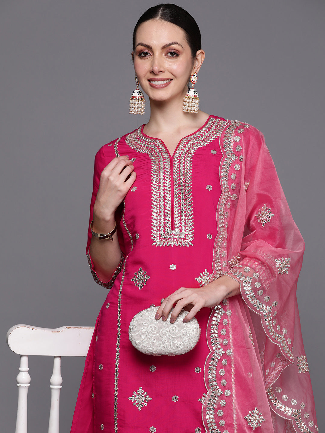 IE Pink Embroidered Straight Kurta Trousers With Dupatta  Set