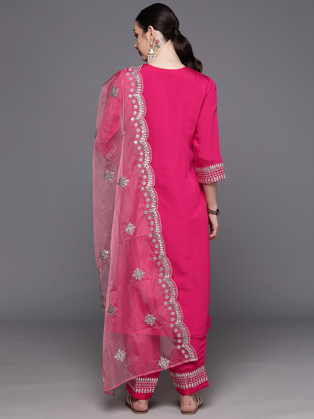 IE Pink Embroidered Straight Kurta Trousers With Dupatta  Set