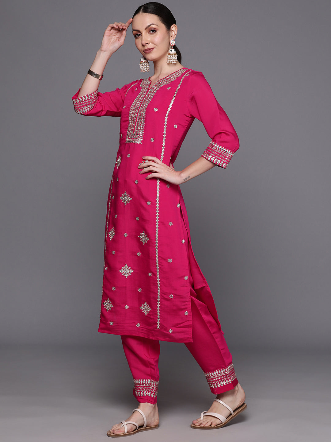 IE Pink Embroidered Straight Kurta Trousers With Dupatta  Set