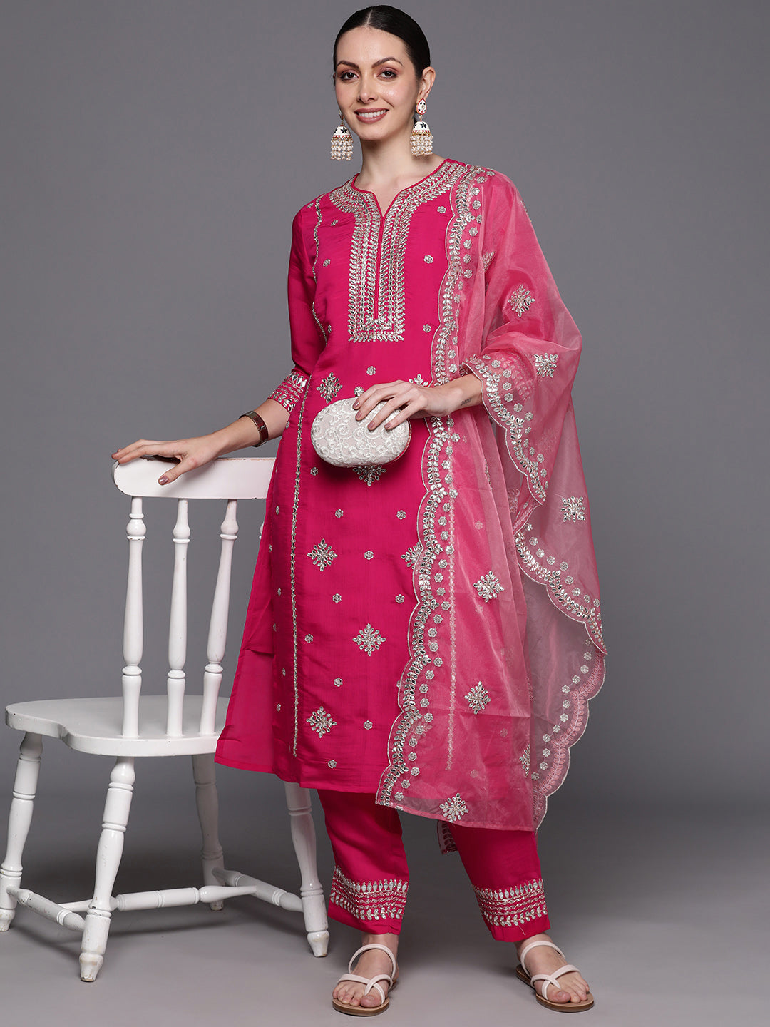 IE Pink Embroidered Straight Kurta Trousers With Dupatta  Set