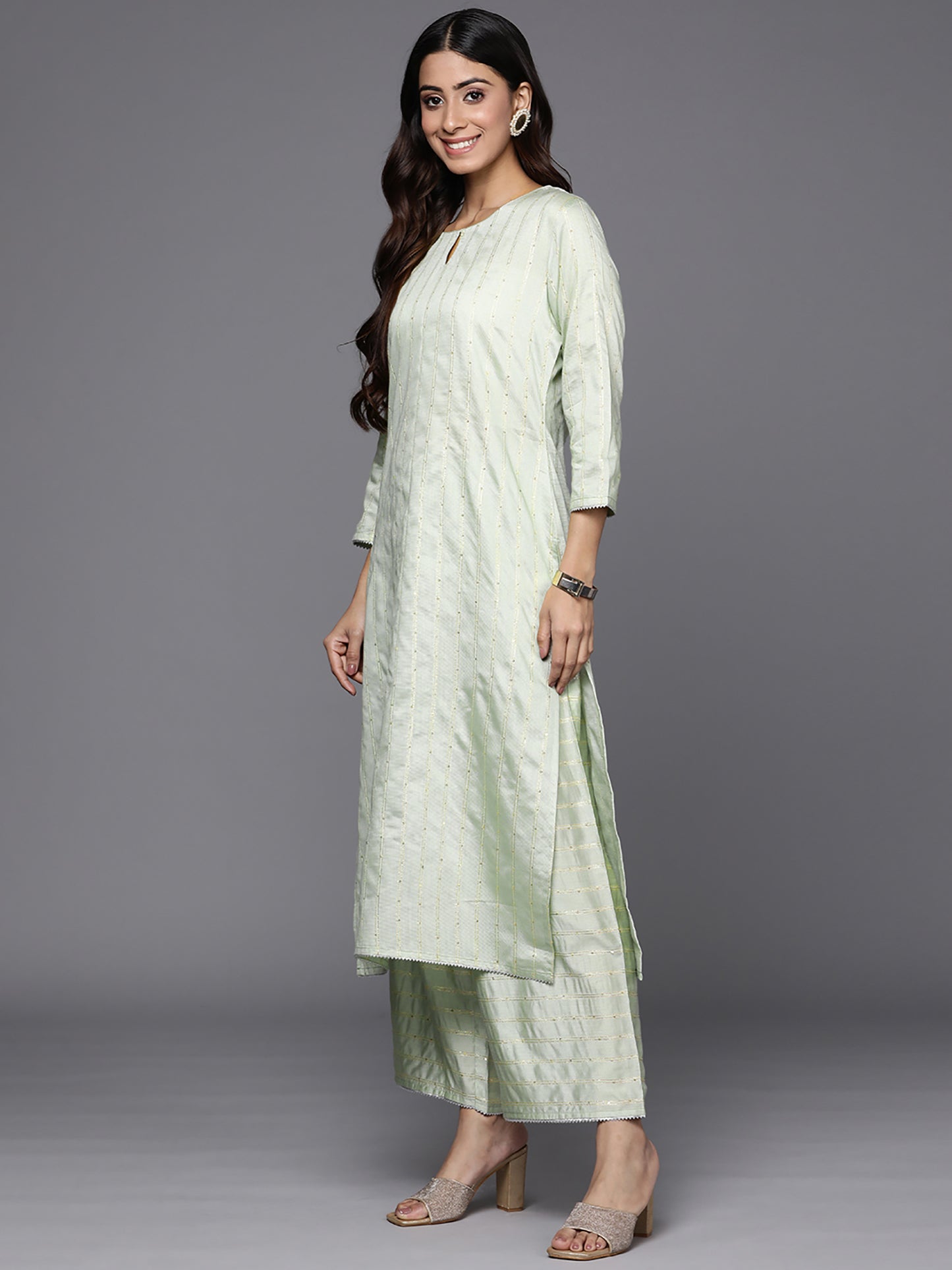 IE Women Striped Sequinned Liva Kurta with Palazzos & With Dupatta