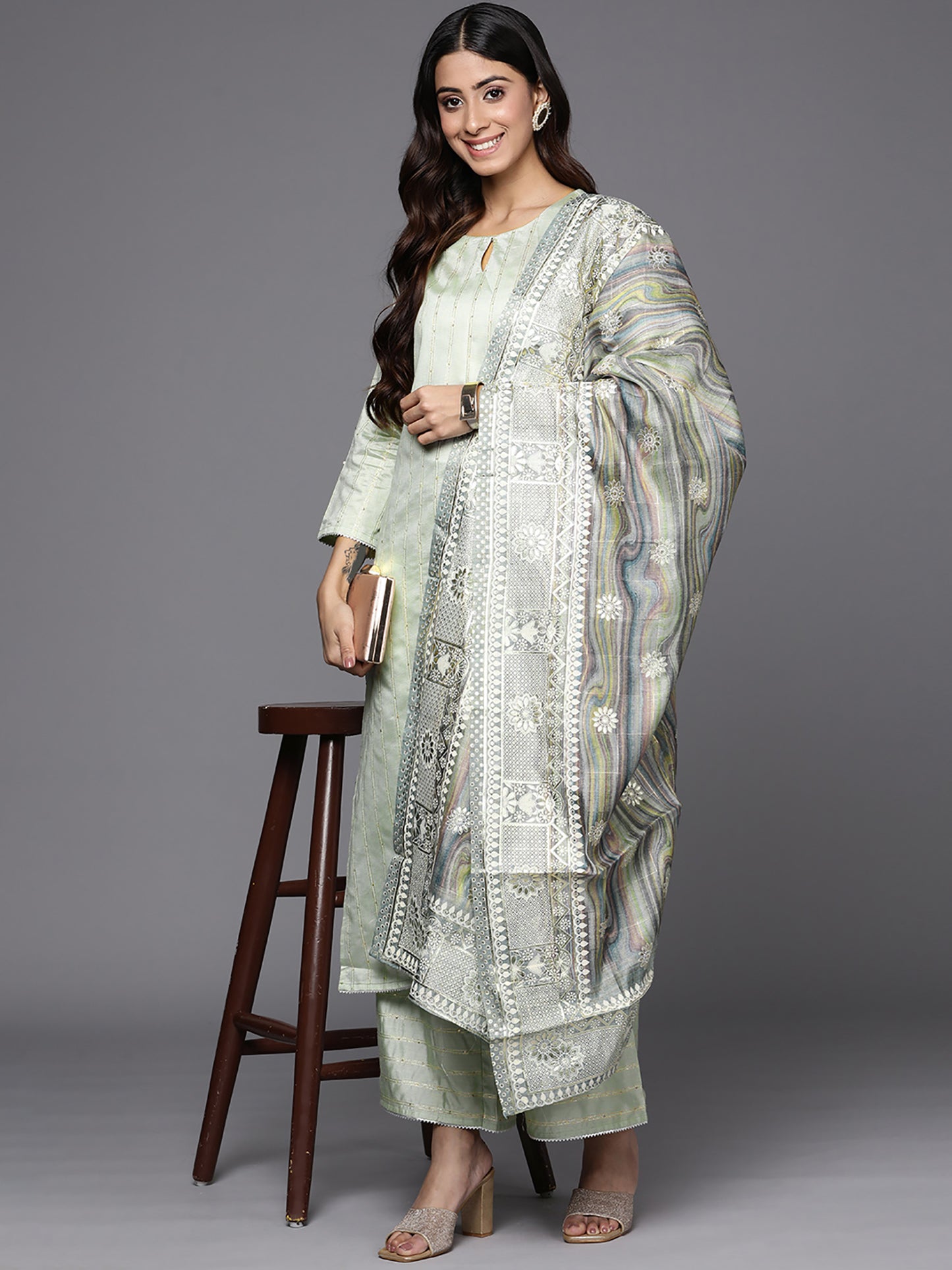 IE Women Striped Sequinned Liva Kurta with Palazzos & With Dupatta