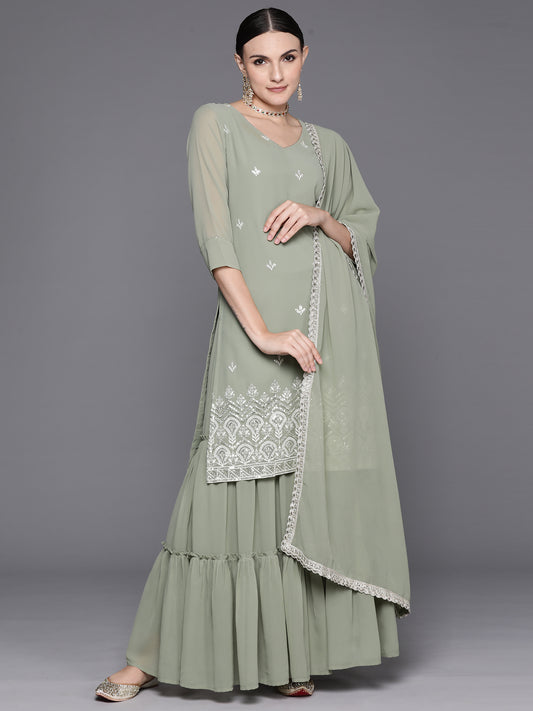 IE Sea Green Embroidered Straight Kurta Sharara With Dupatta Set