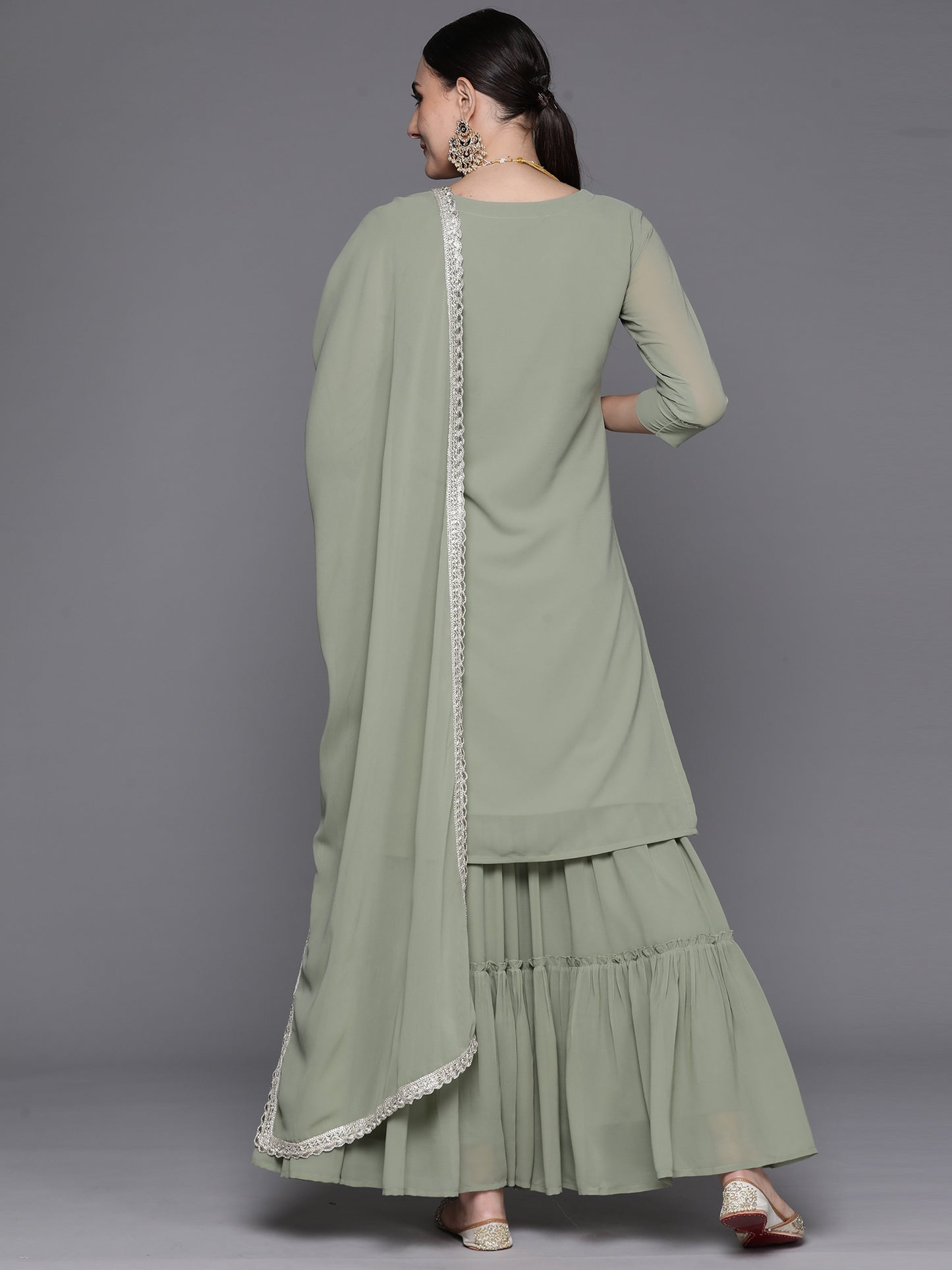 IE Sea Green Embroidered Straight Kurta Sharara With Dupatta Set