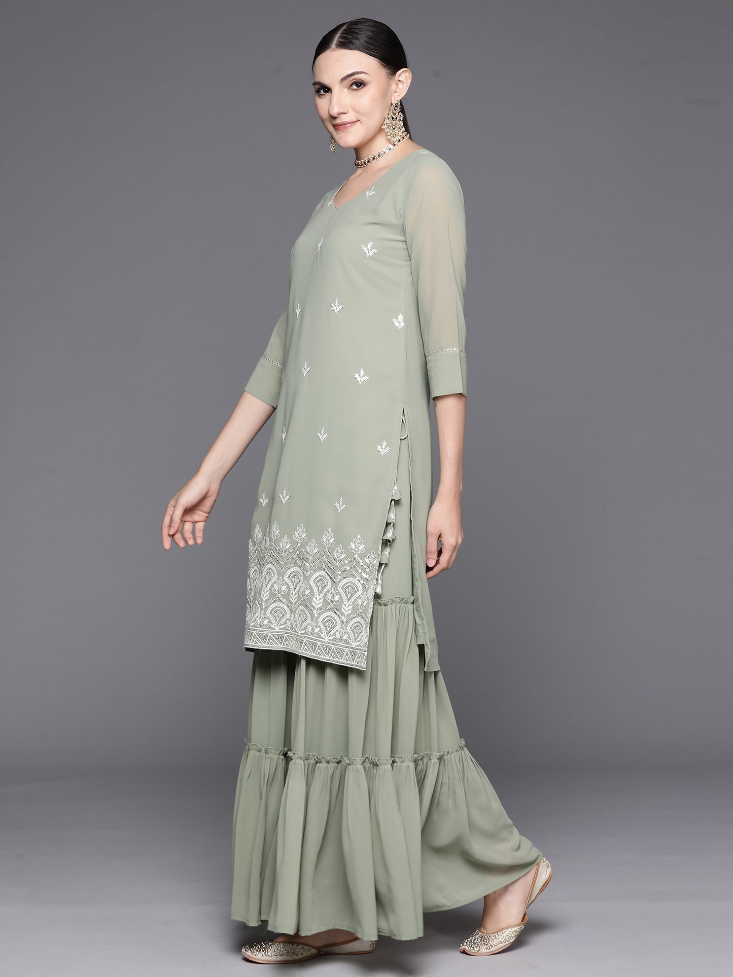 IE Sea Green Embroidered Straight Kurta Sharara With Dupatta Set