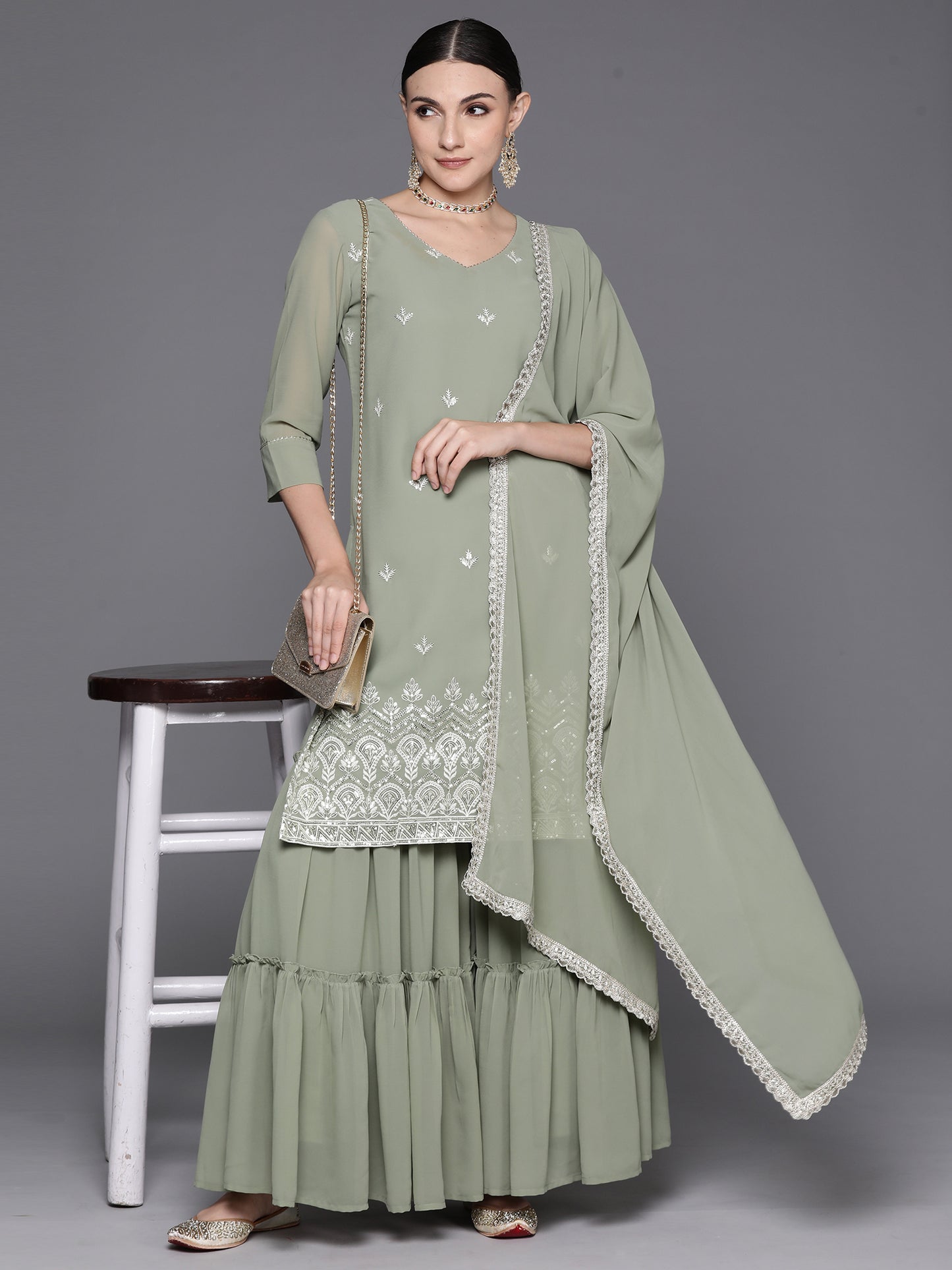 IE Sea Green Embroidered Straight Kurta Sharara With Dupatta Set