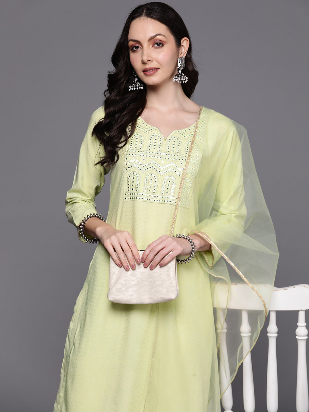 IE Sea Green Embroidered Straight Kurta Trousers With Dupatta  Set