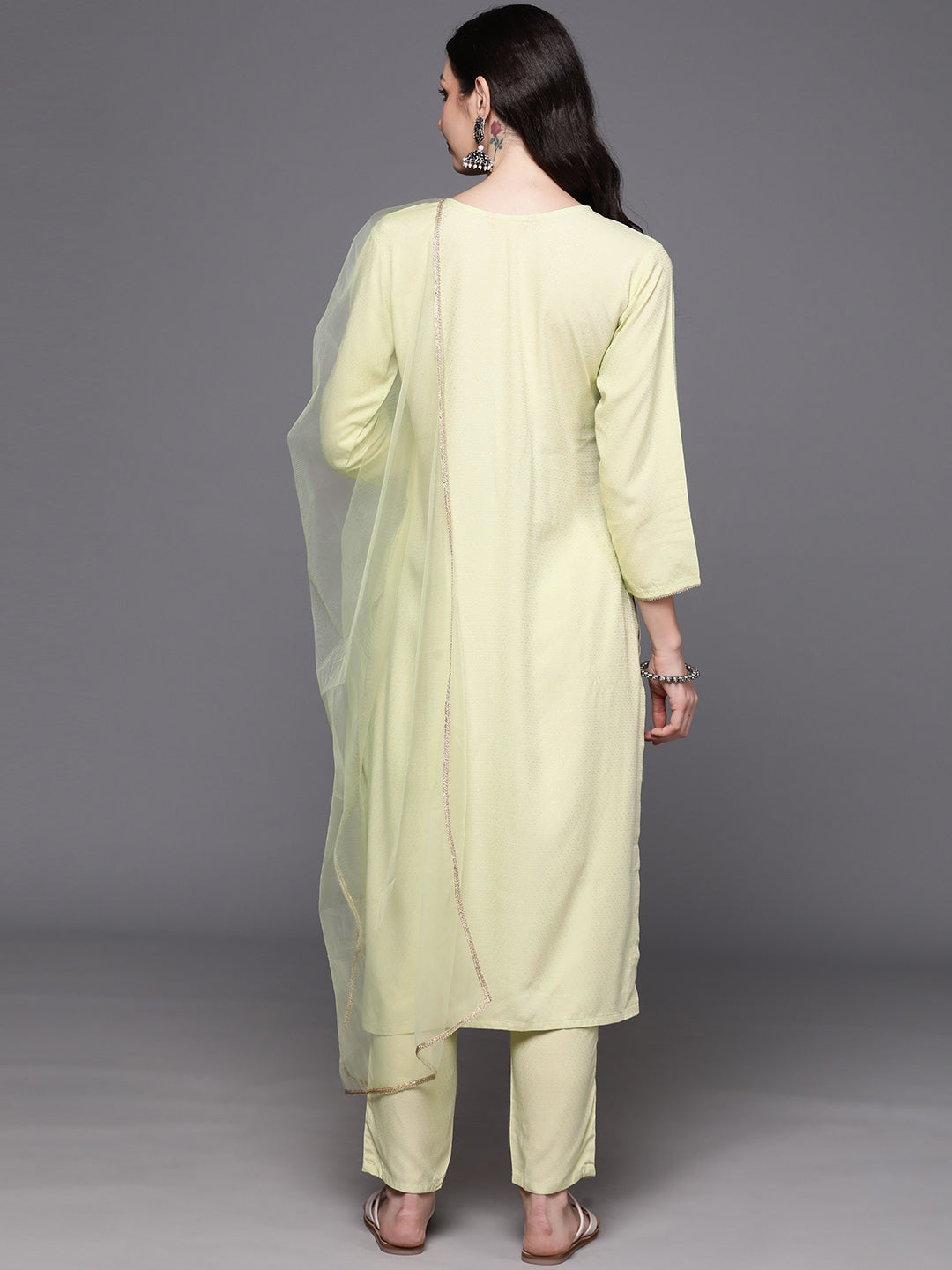 IE Sea Green Embroidered Straight Kurta Trousers With Dupatta  Set