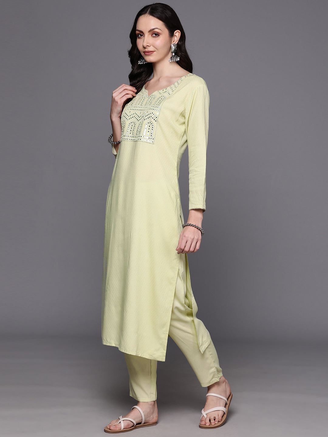 IE Sea Green Embroidered Straight Kurta Trousers With Dupatta  Set