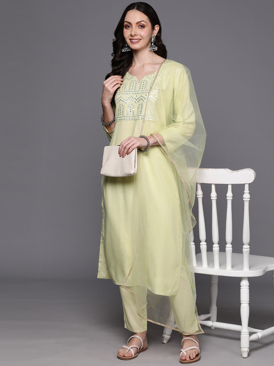 IE Sea Green Embroidered Straight Kurta Trousers With Dupatta  Set