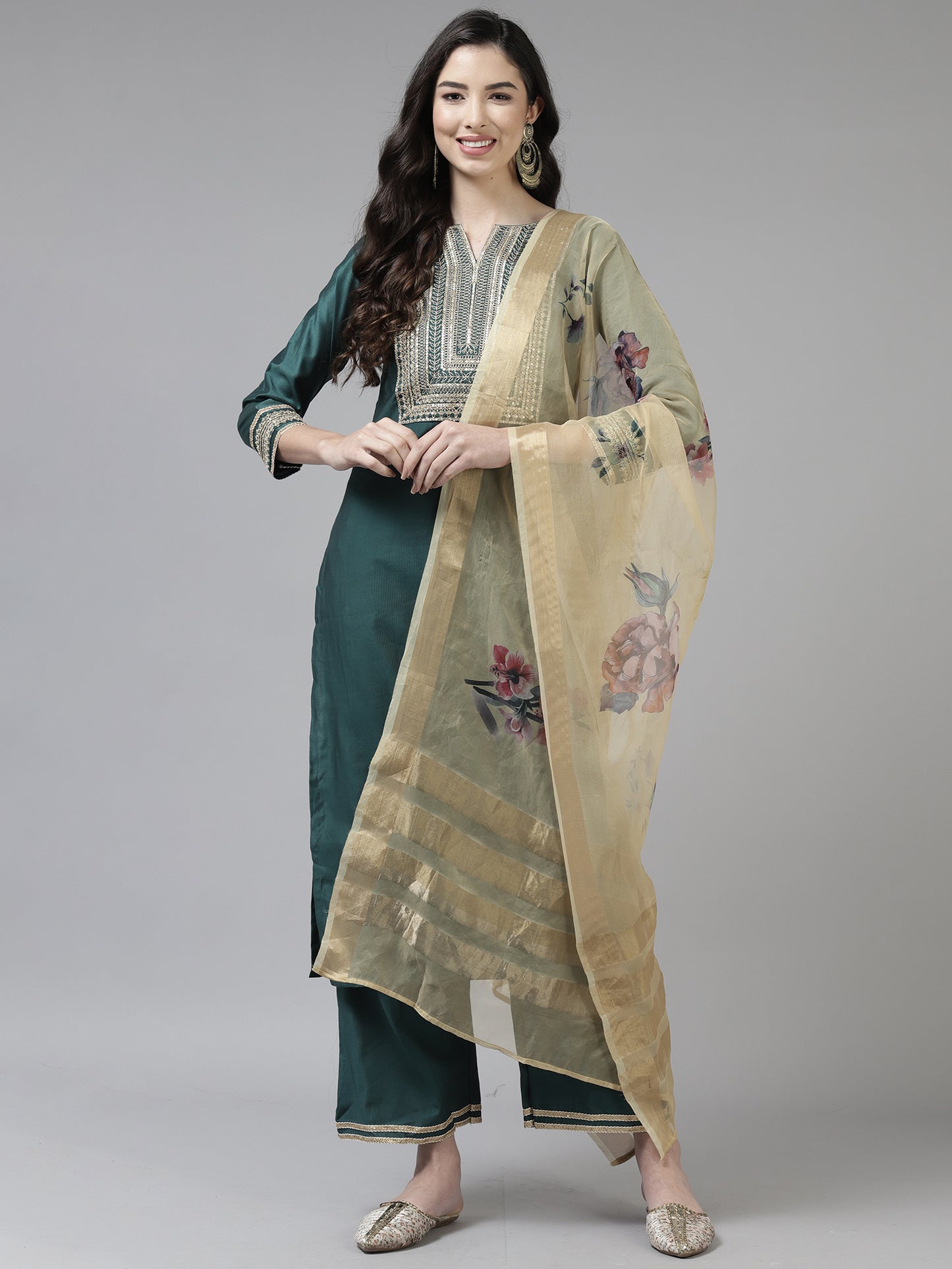 IE Teal Embroidered Straight Kurta Trouser With Dupatta Set