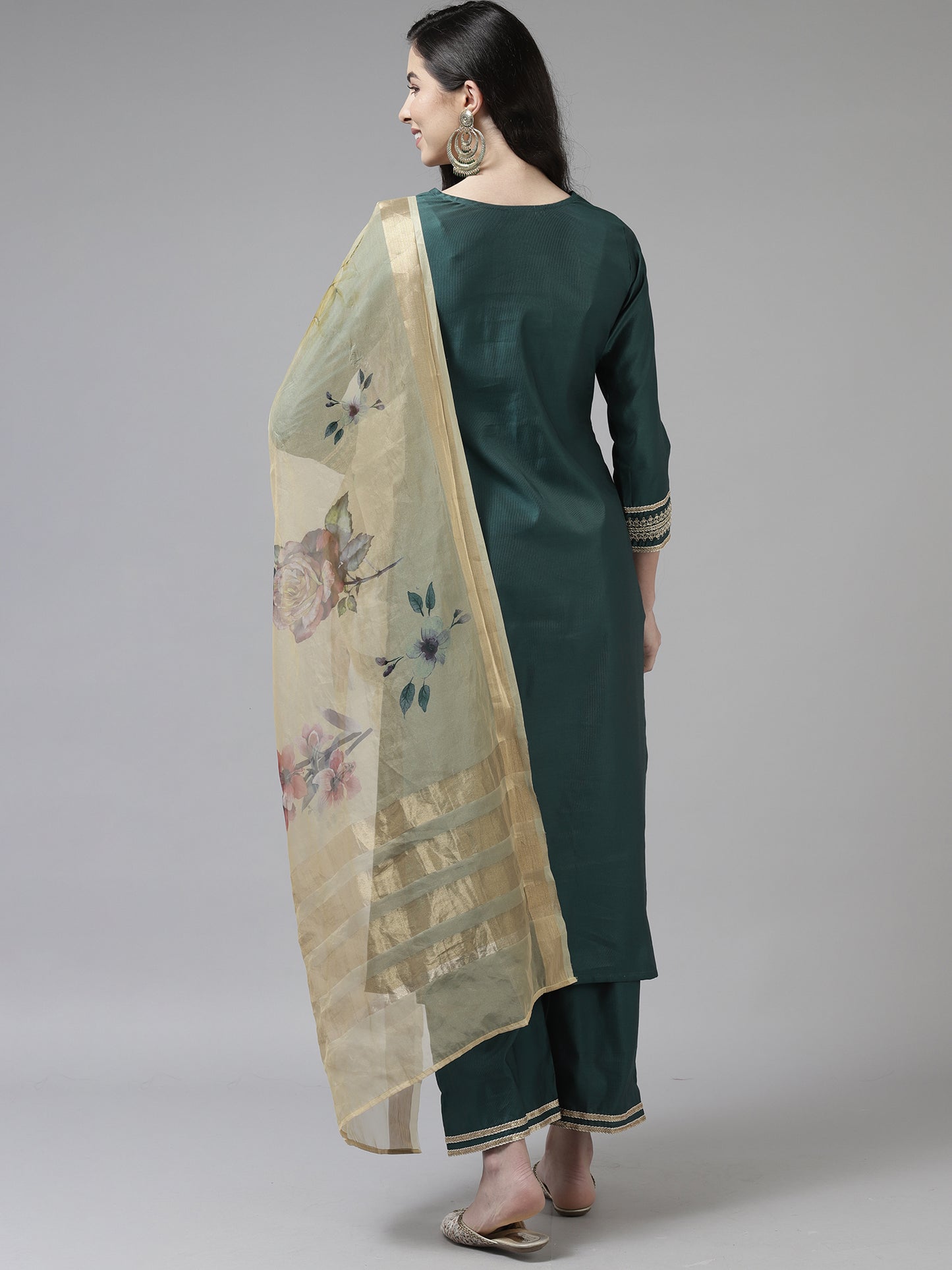 IE Teal Embroidered Straight Kurta Trouser With Dupatta Set