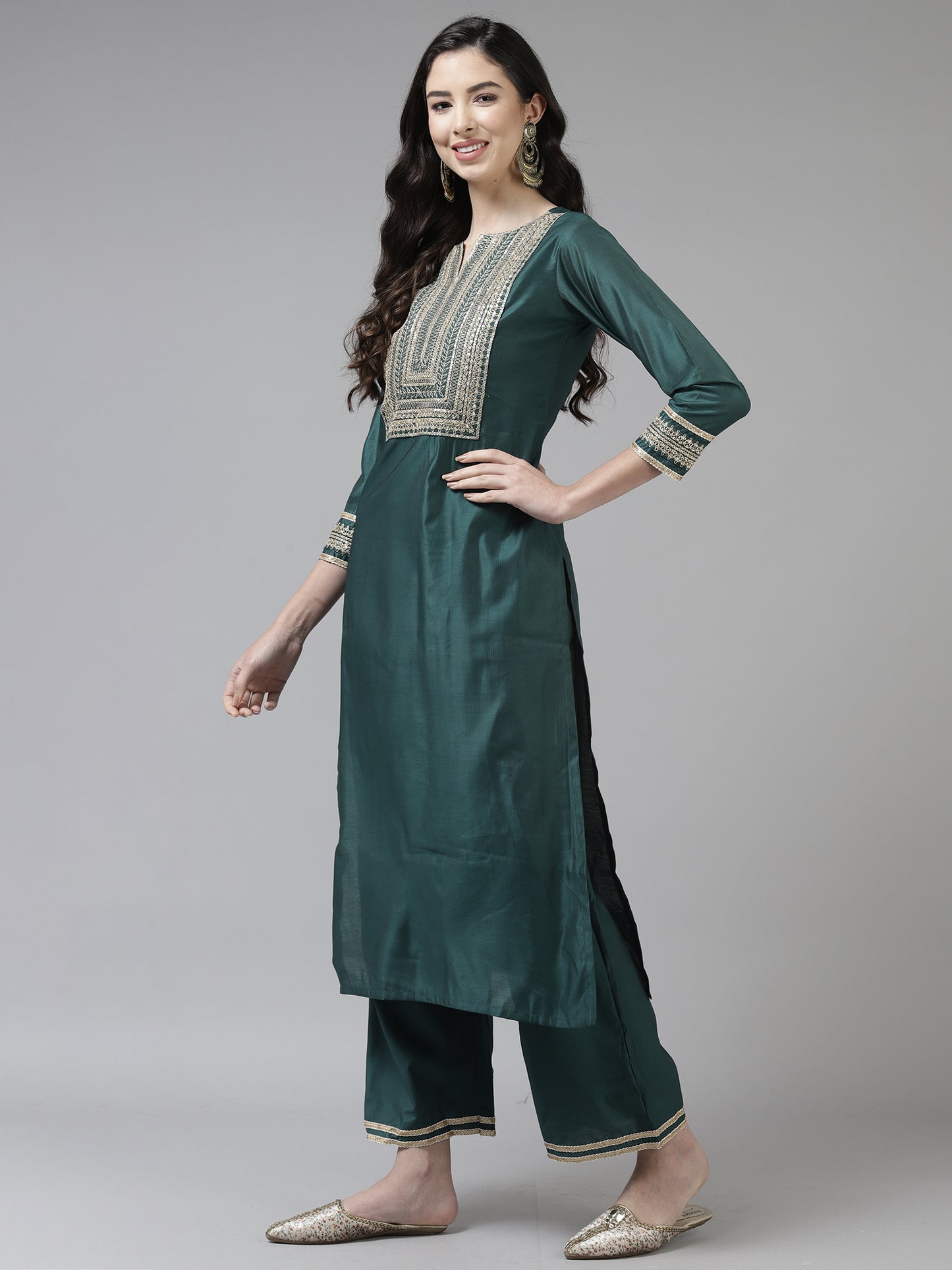 IE Teal Embroidered Straight Kurta Trouser With Dupatta Set