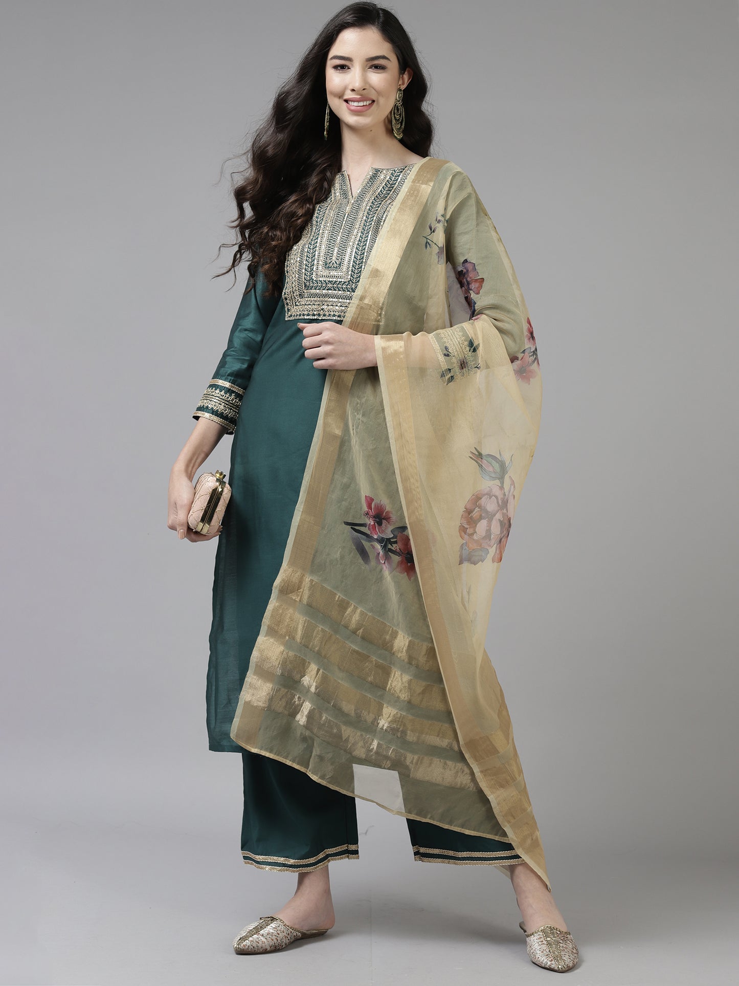 IE Teal Embroidered Straight Kurta Trouser With Dupatta Set