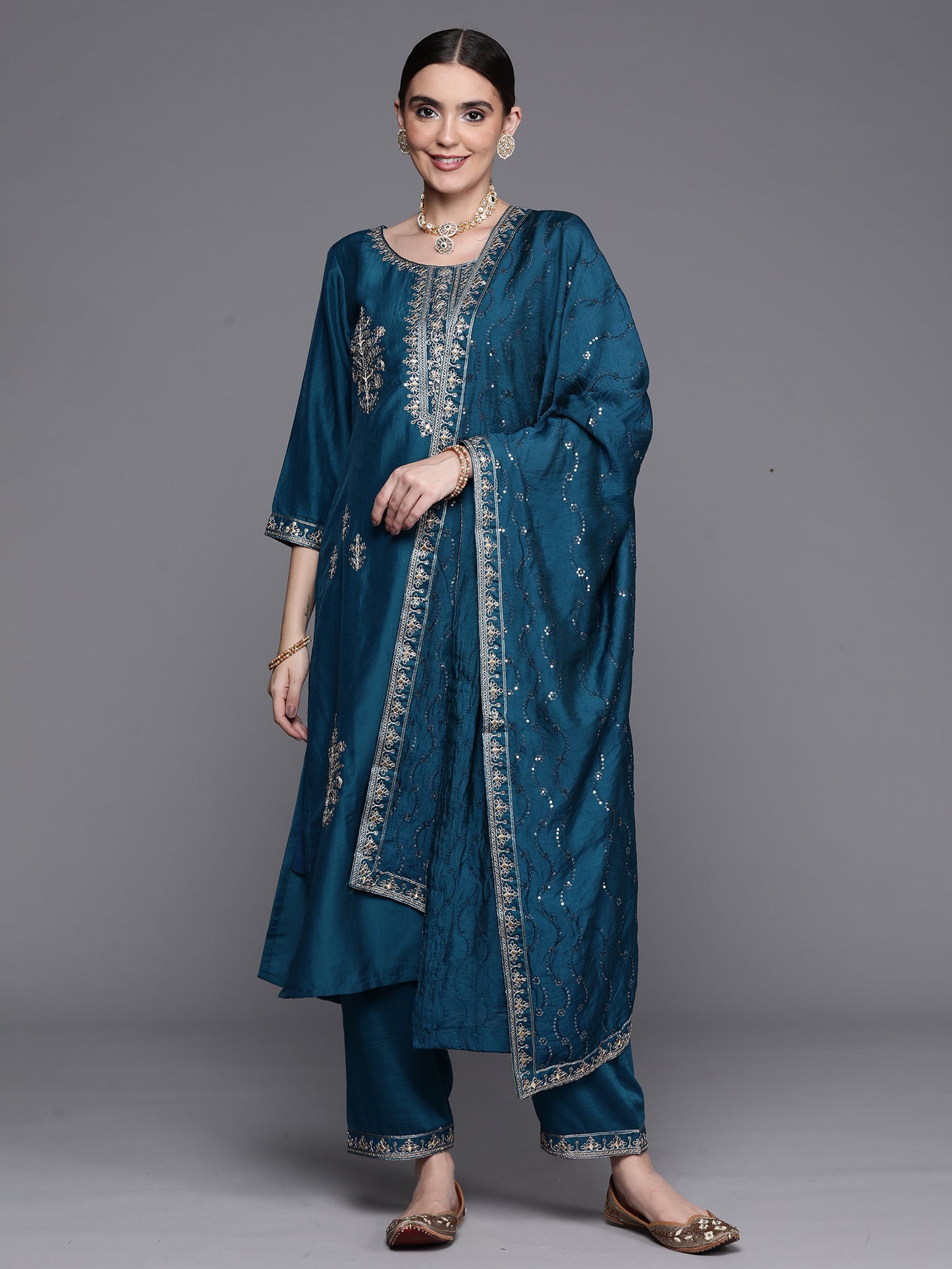 IE Teal Embroidered Ethnic Straight Kurta Trousers With Dupatta Set