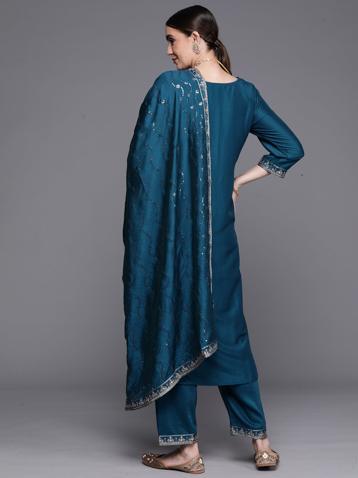 IE Teal Embroidered Ethnic Straight Kurta Trousers With Dupatta Set