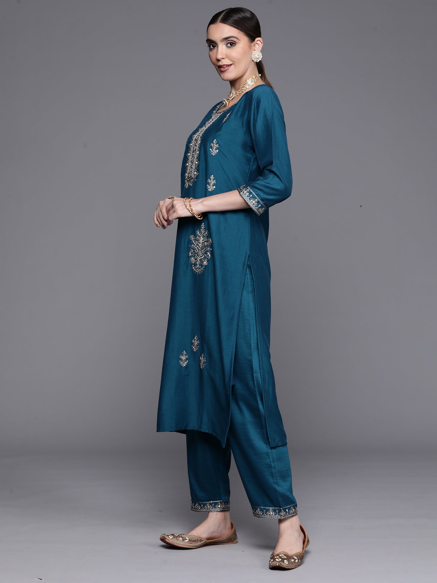 IE Teal Embroidered Ethnic Straight Kurta Trousers With Dupatta Set