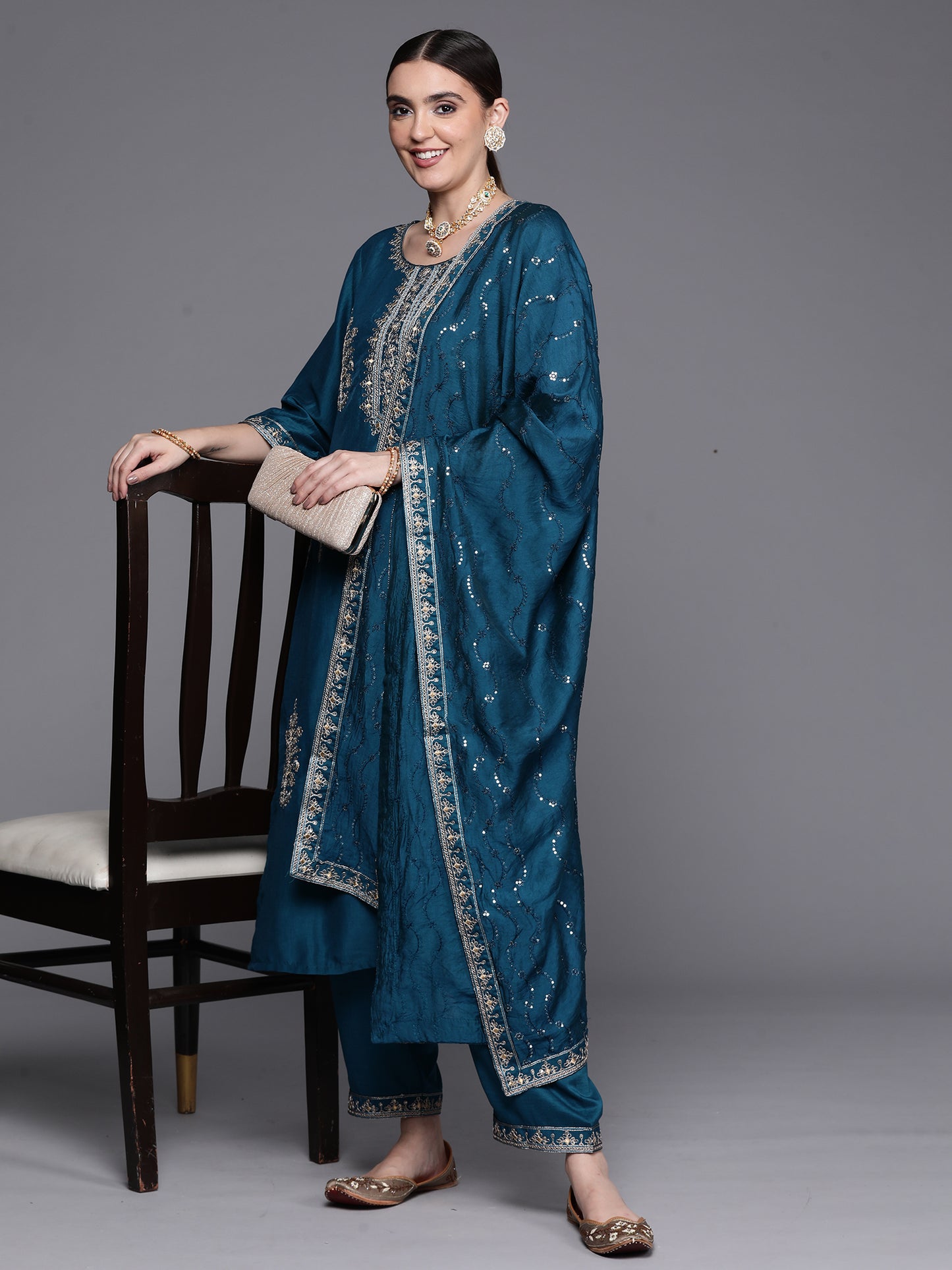 IE Teal Embroidered Ethnic Straight Kurta Trousers With Dupatta Set