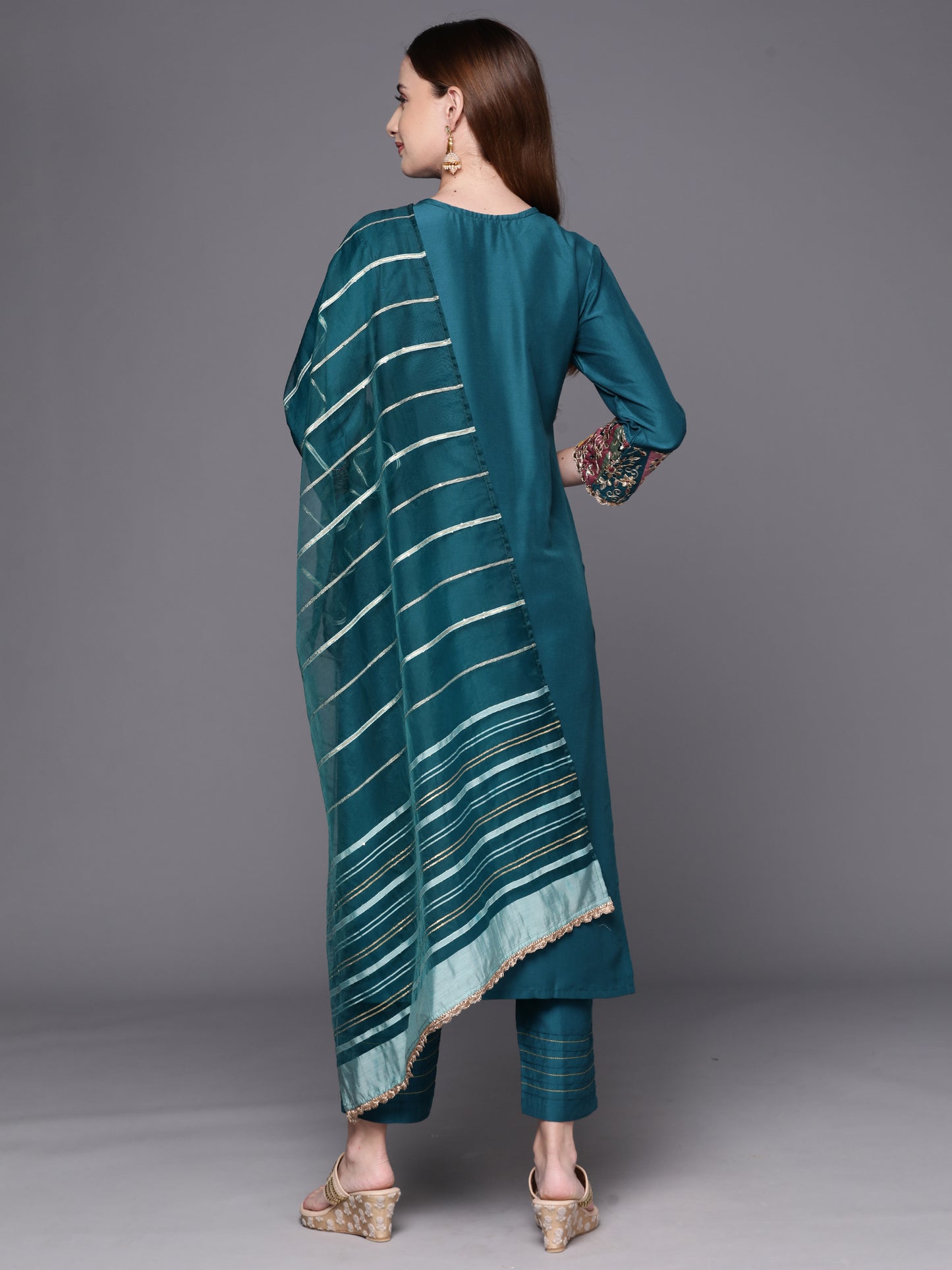 IE Teal Embroidered Straight Kurta Trousers With Dupatta Set