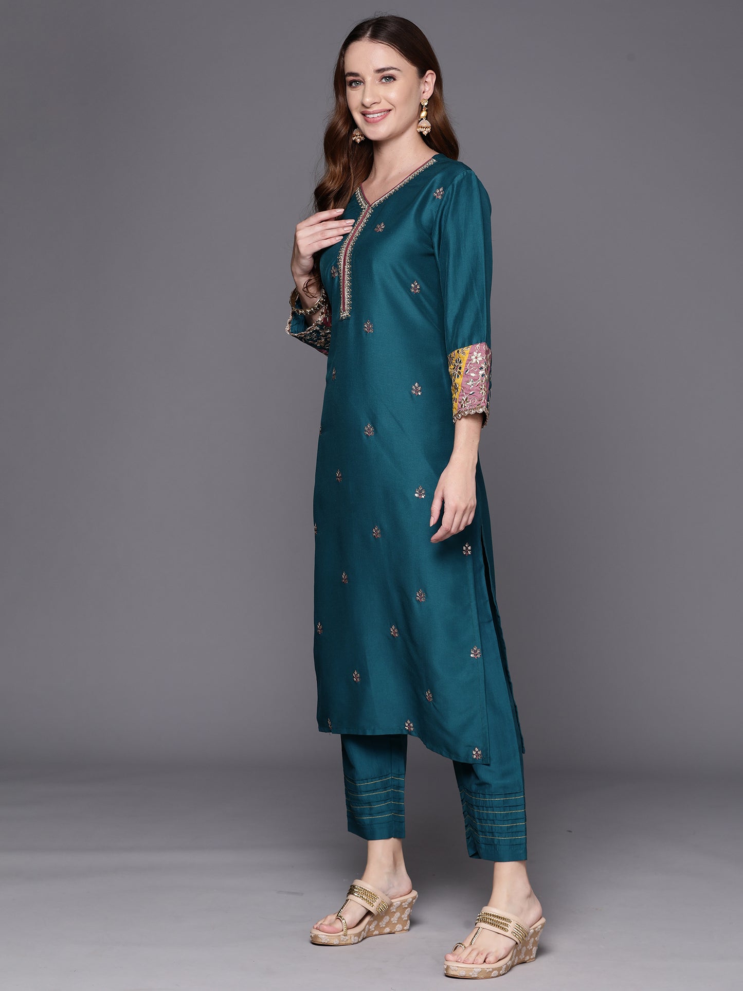 IE Teal Embroidered Straight Kurta Trousers With Dupatta Set