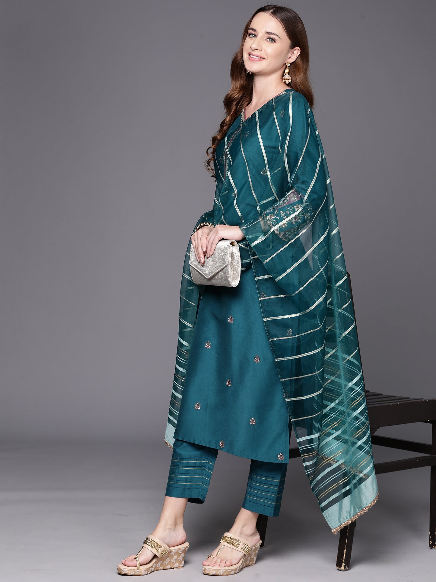 IE Teal Embroidered Straight Kurta Trousers With Dupatta Set