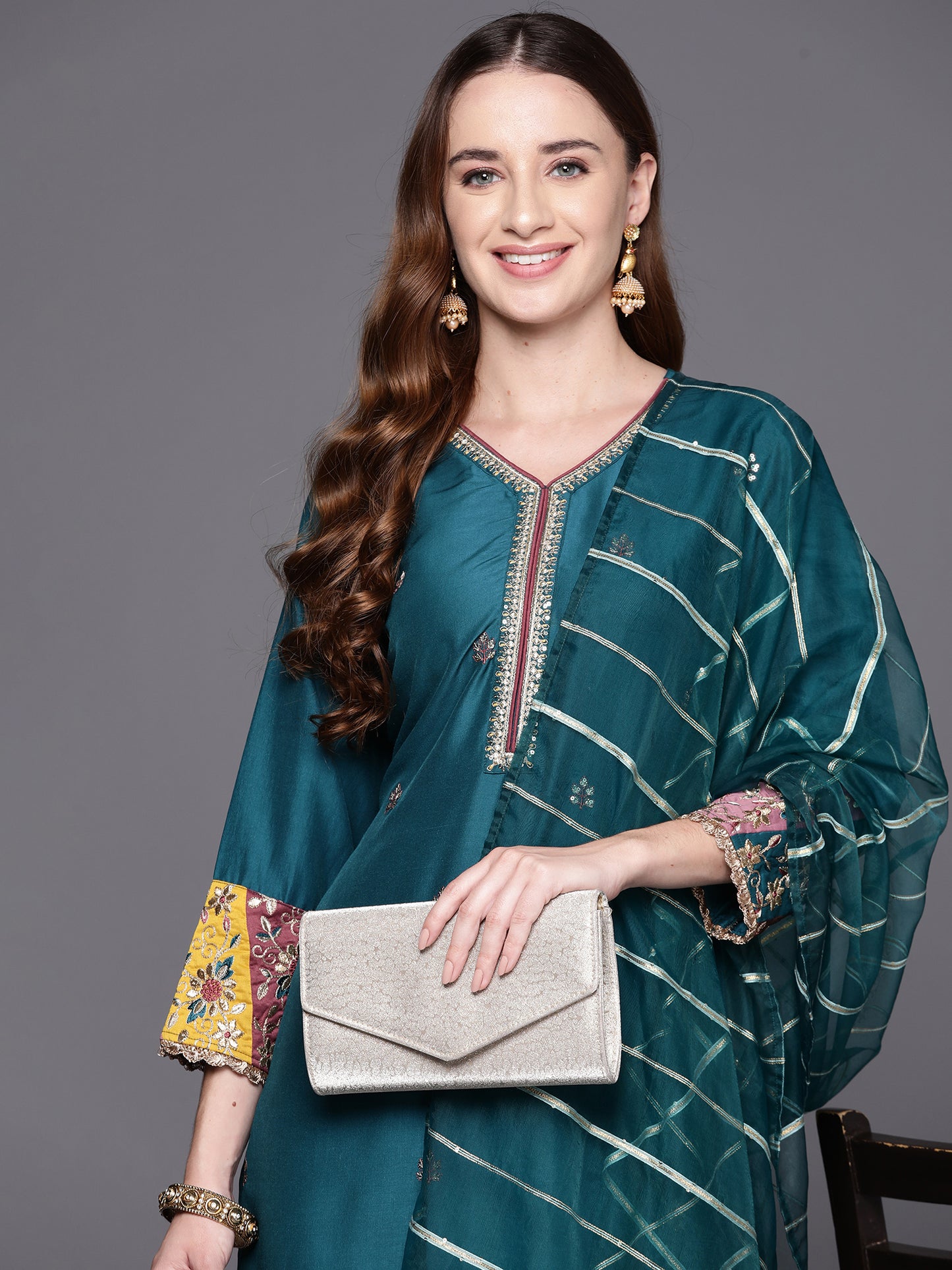 IE Teal Embroidered Straight Kurta Trousers With Dupatta Set