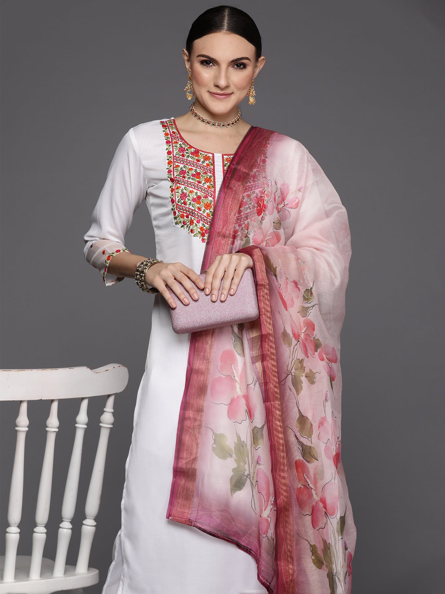 IE White Embroidered Straight Kurta Trousers With Dupatta Set