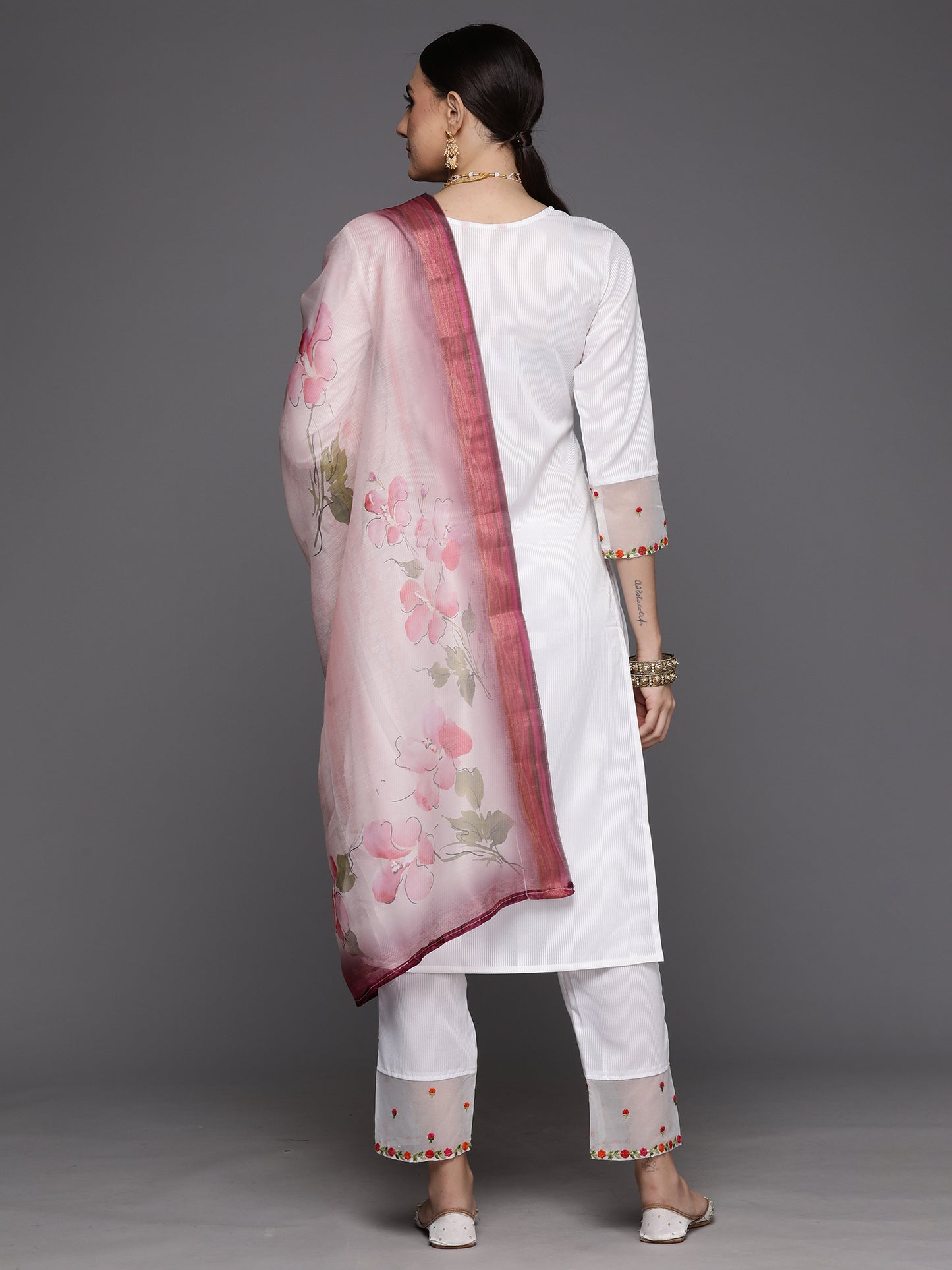 IE White Embroidered Straight Kurta Trousers With Dupatta Set