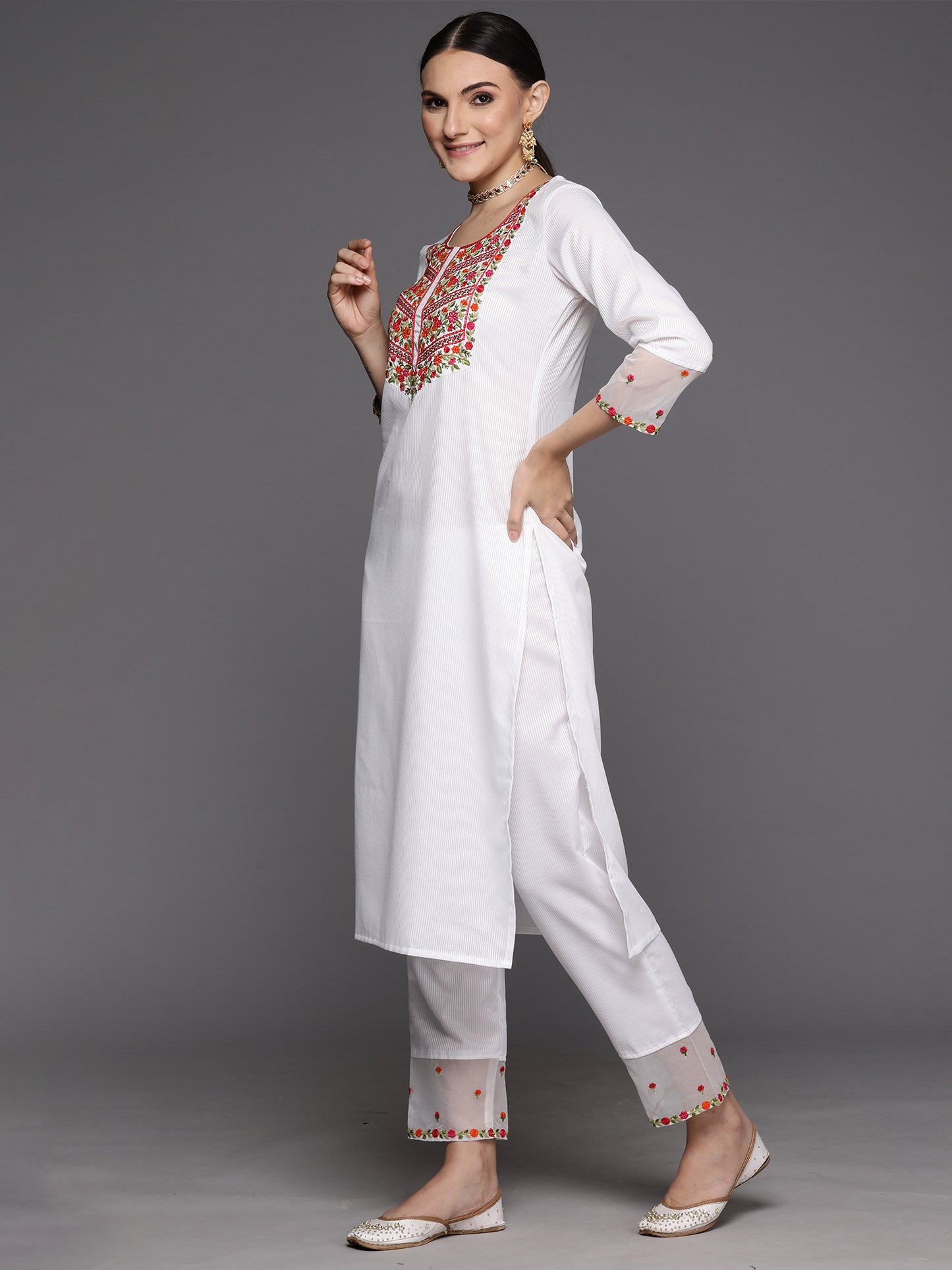 IE White Embroidered Straight Kurta Trousers With Dupatta Set