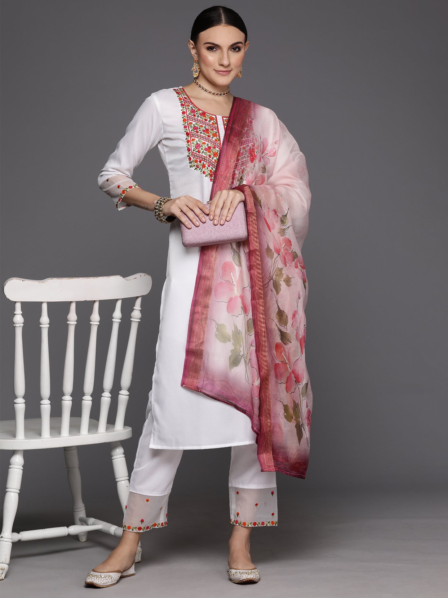 IE White Embroidered Straight Kurta Trousers With Dupatta Set