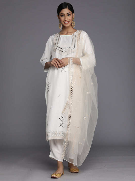 IE White Embroidered Straight Kurta Trousers With Dupatta Set