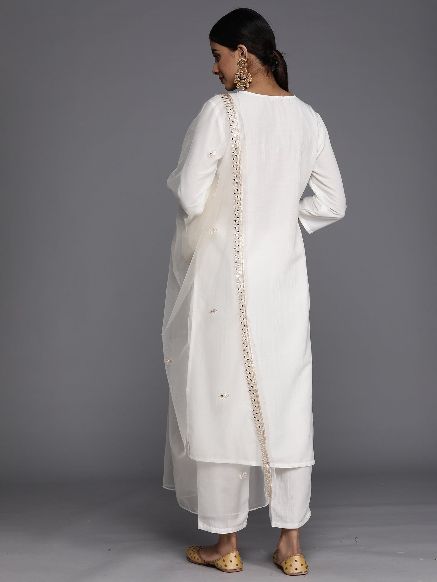 IE White Embroidered Straight Kurta Trousers With Dupatta Set