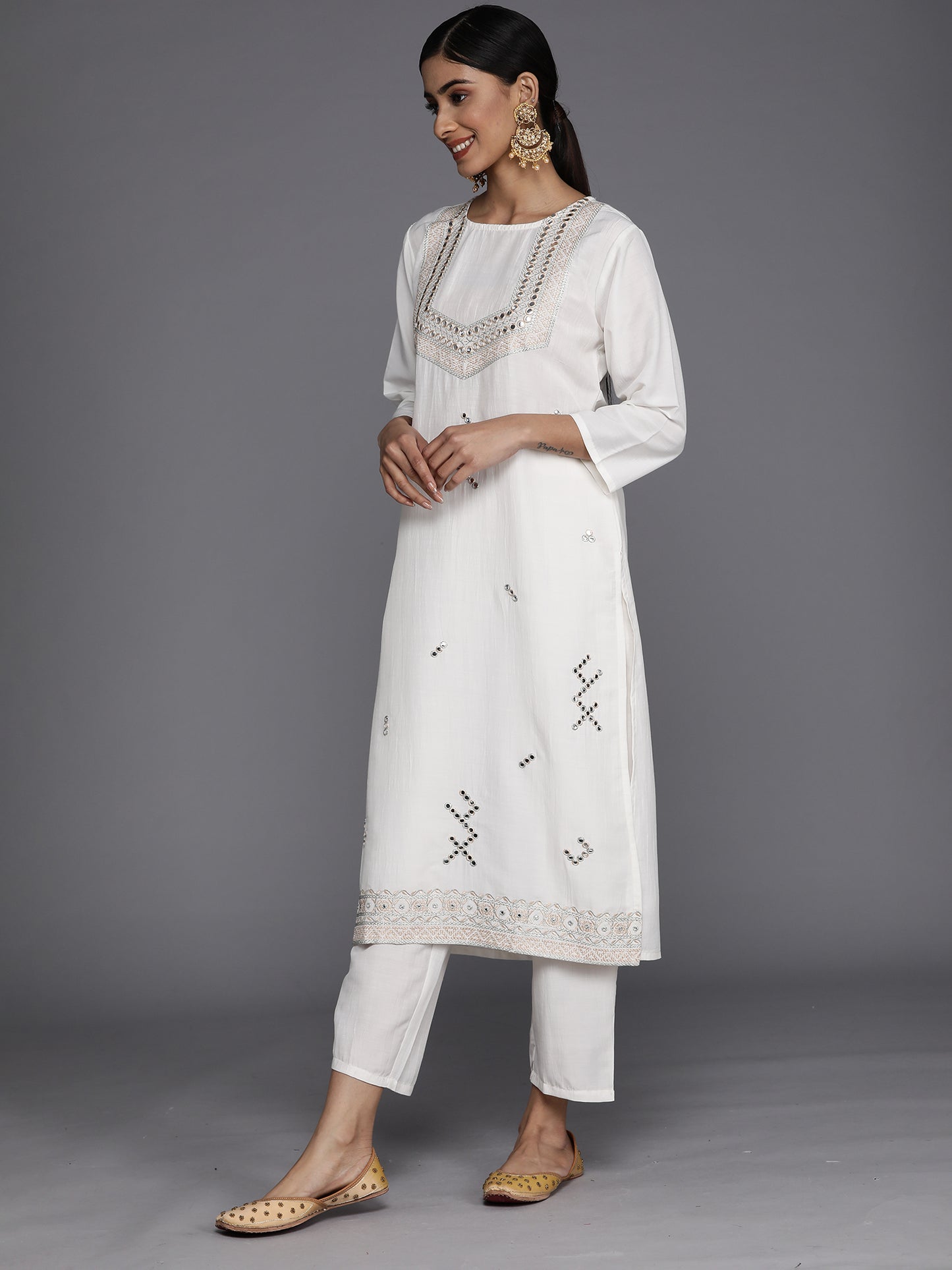 IE White Embroidered Straight Kurta Trousers With Dupatta Set