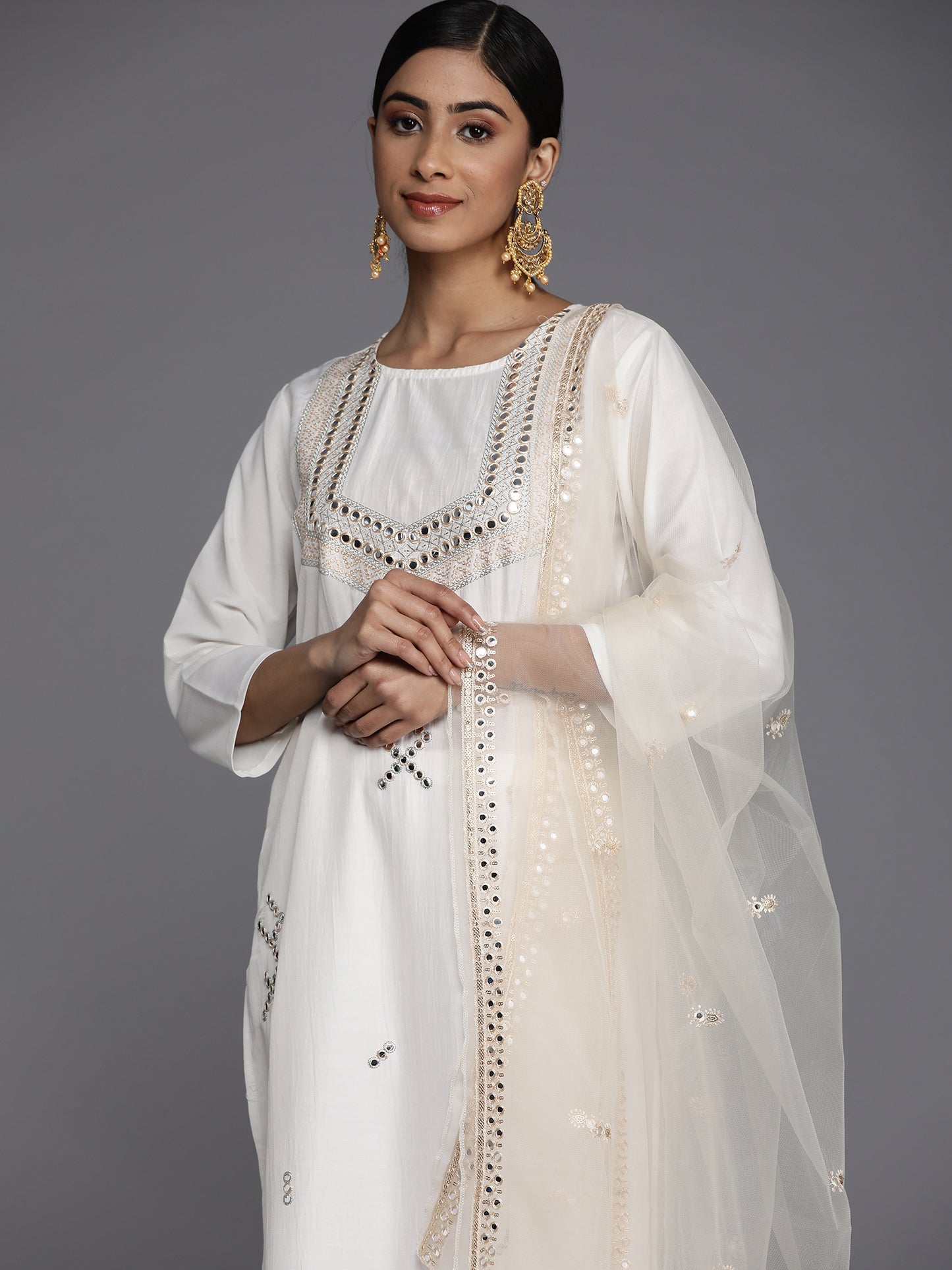 IE White Embroidered Straight Kurta Trousers With Dupatta Set