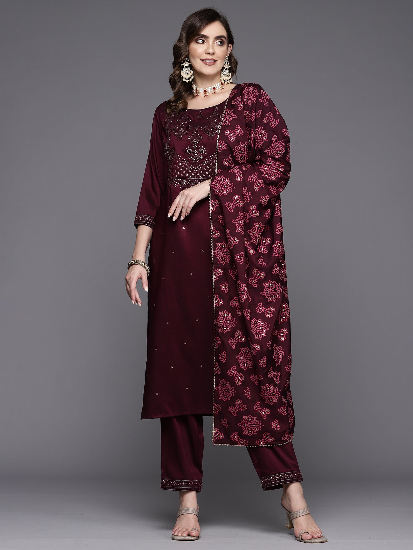 IE Wine Embroidered Straight Kurta Trousers With Dupatta Set