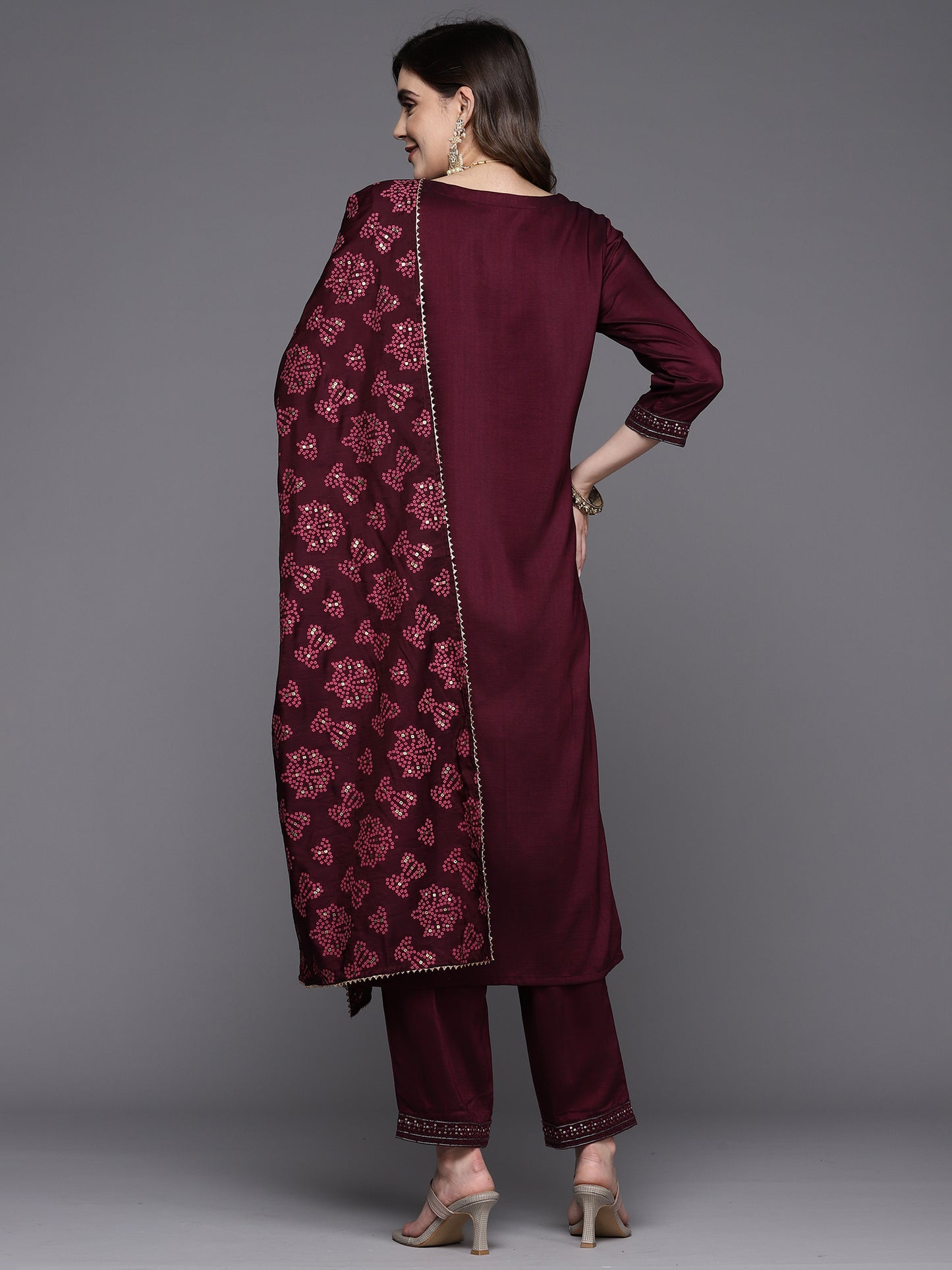 IE Wine Embroidered Straight Kurta Trousers With Dupatta Set