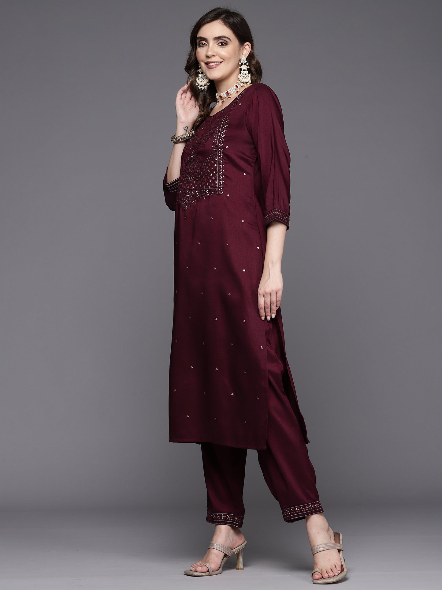 IE Wine Embroidered Straight Kurta Trousers With Dupatta Set