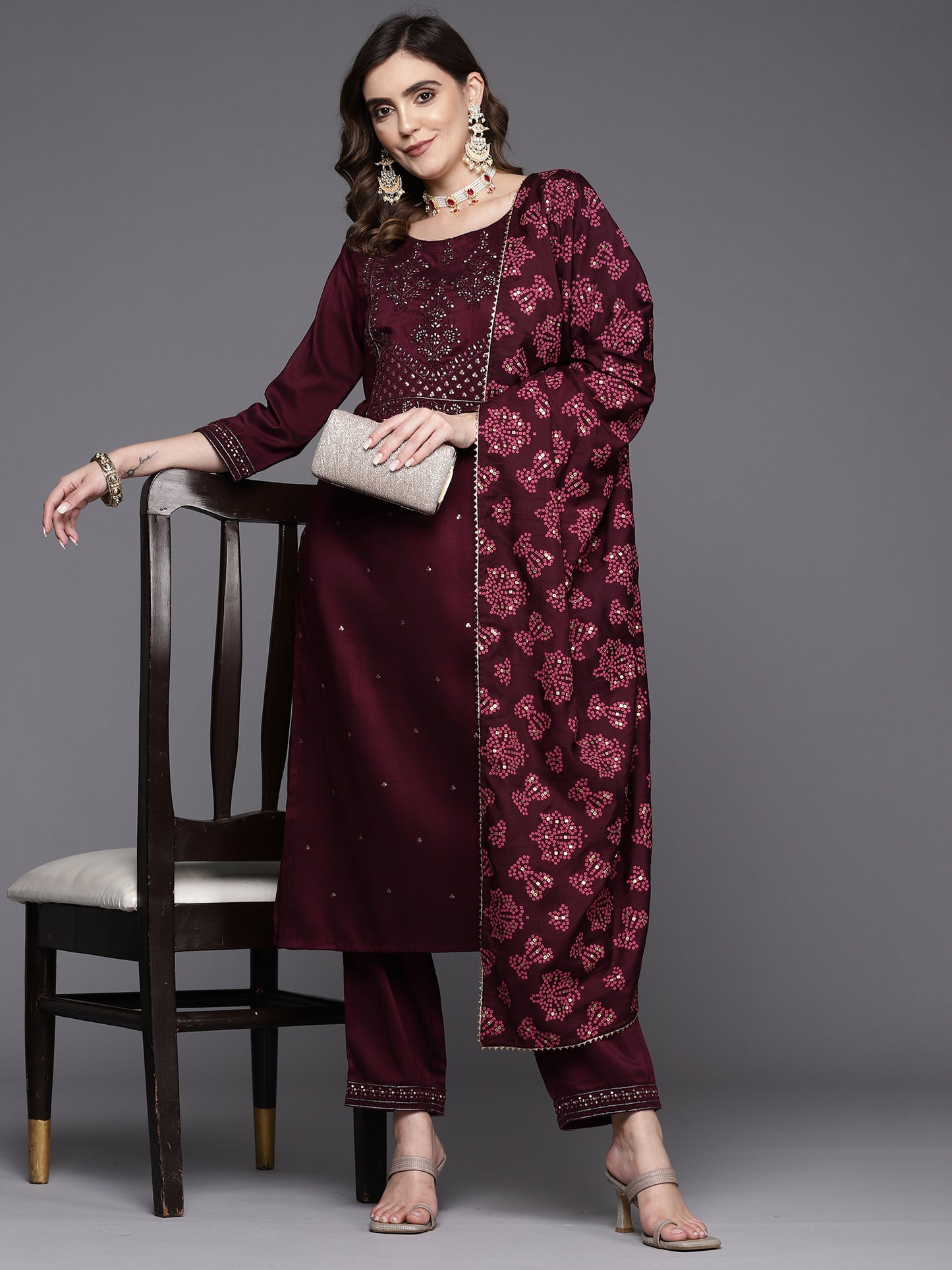 IE Wine Embroidered Straight Kurta Trousers With Dupatta Set