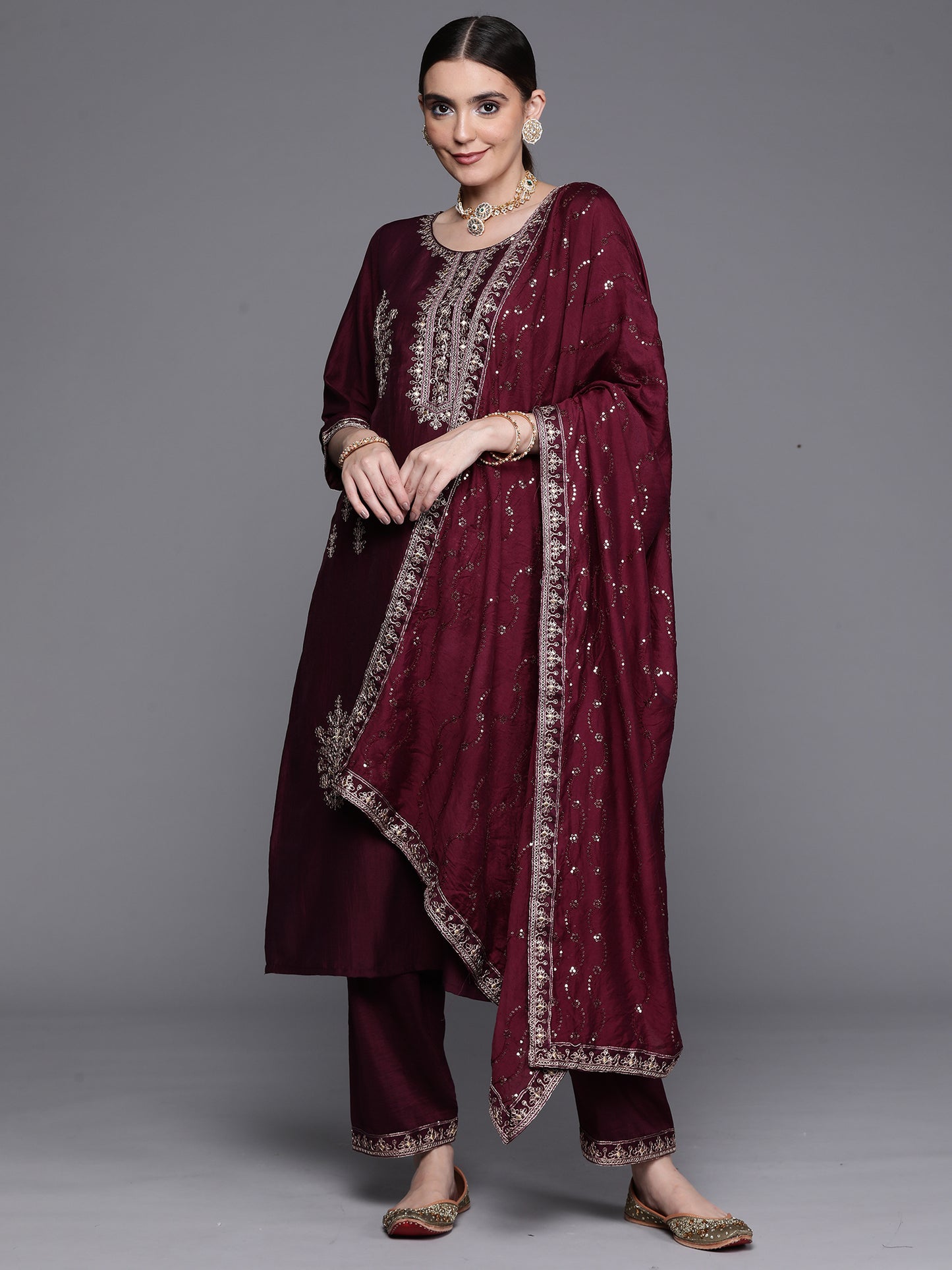 IE Wine Embroidered Ethnic Straight Kurta Trouser With Dupatta Set