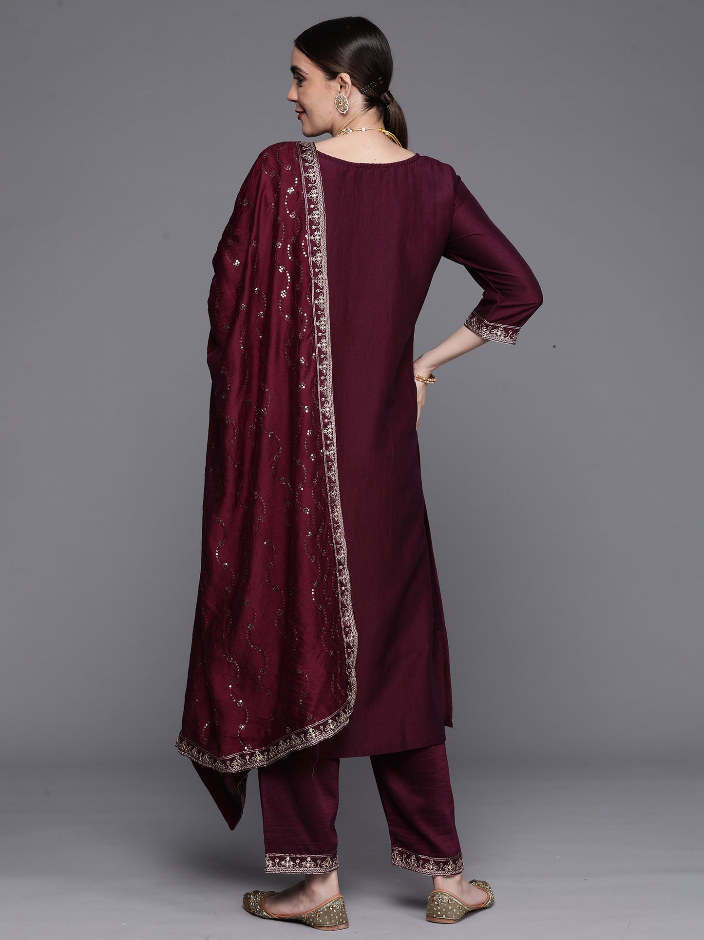 IE Wine Embroidered Ethnic Straight Kurta Trouser With Dupatta Set